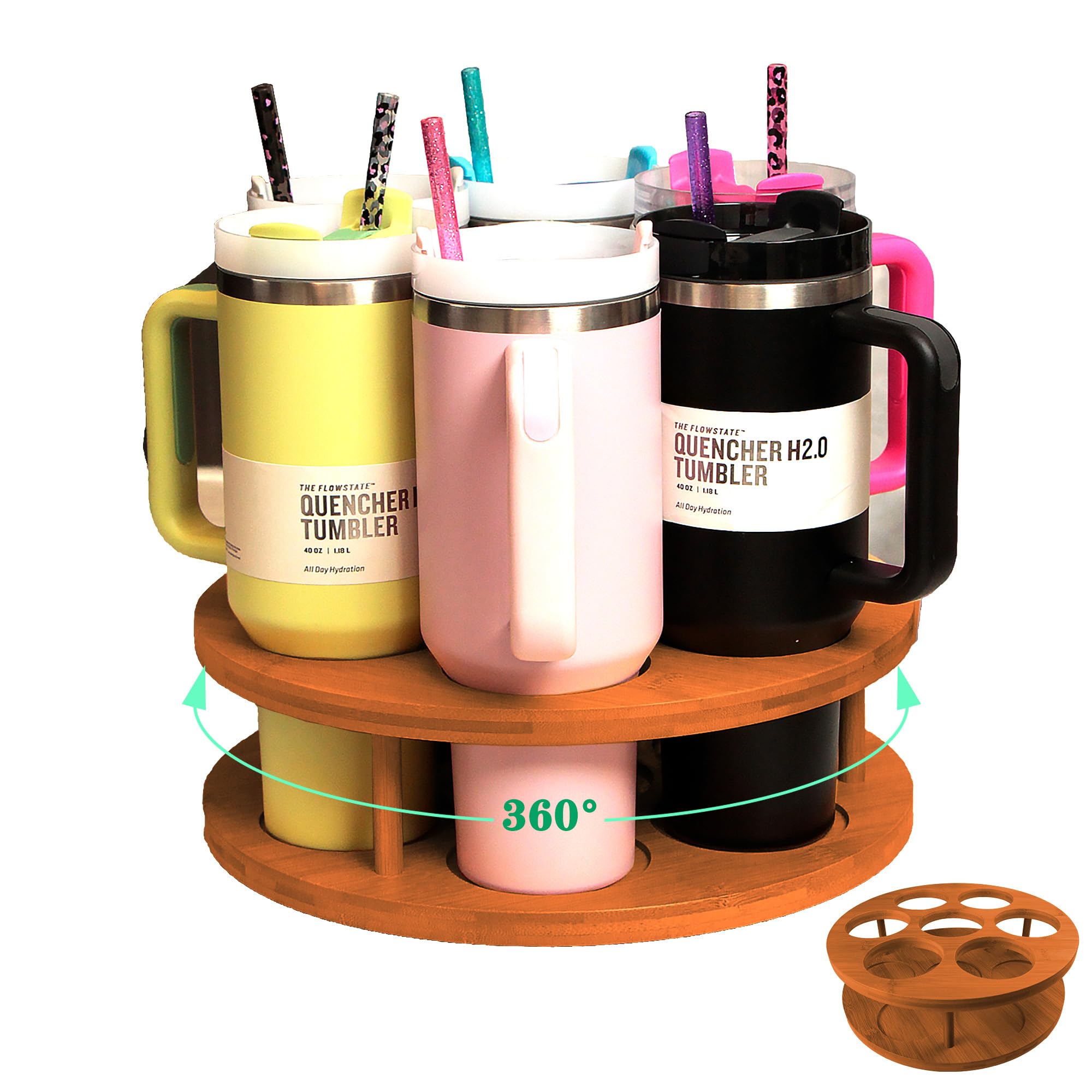 7-Slot Rotating Water Bottle Organizer for Stanley 40 oz Tumbler, Bamboo Cup Holder Rack for Owala, Yeti, Thermos 360 Spinning Storage for Kitchen Counter & Cabinet, Dark Brown