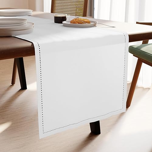 Encasa XO Camino de mesa de comedor de 16 x 72 pulgadas, diseño de dobladillo de algodón puro, blanco, lavable a máquina