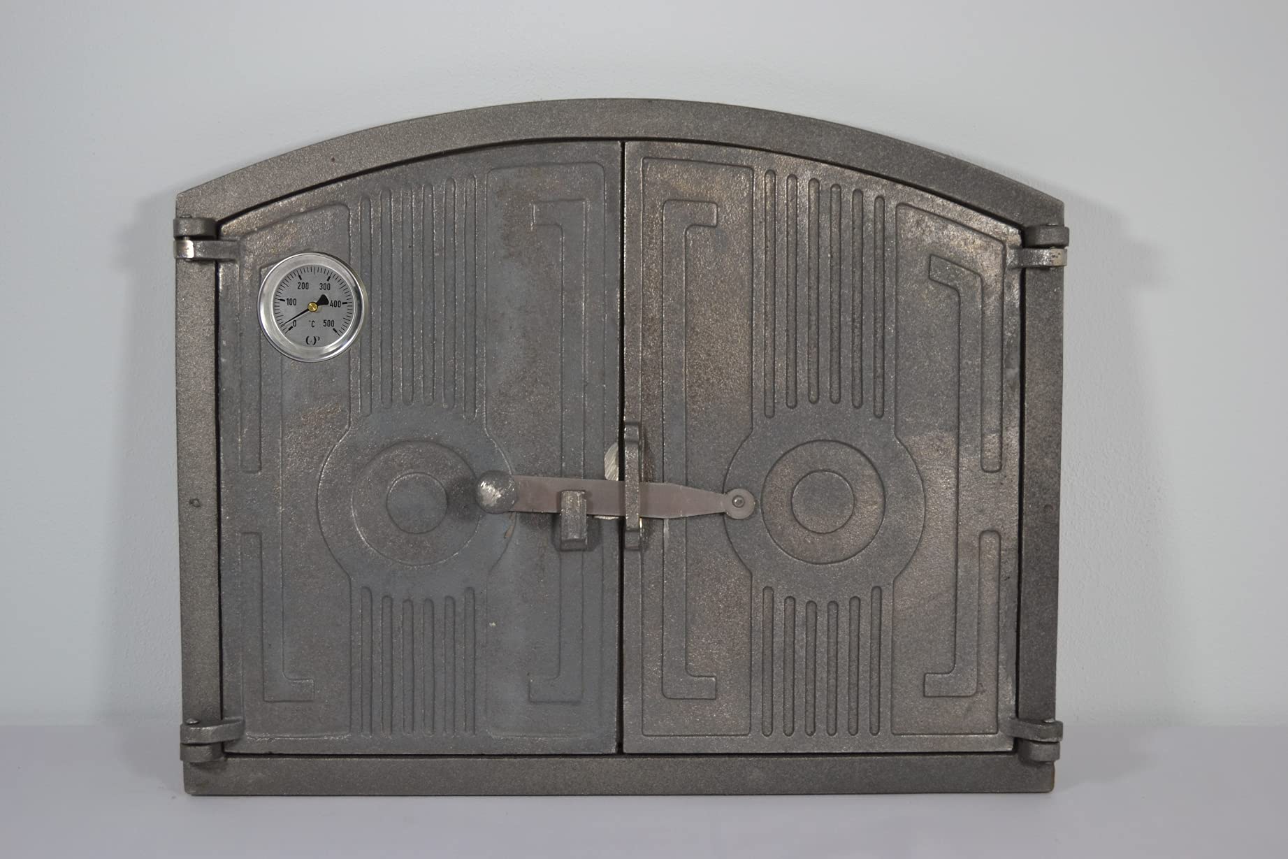 SEZAM Porte Lumineuse Double pour Four en Fonte avec Thermomètre 500 °C - Verrou Demi-Rond, Four à Pizza/Pain/Pierre, 48 x 3 x 38 cm, Sans Peinture