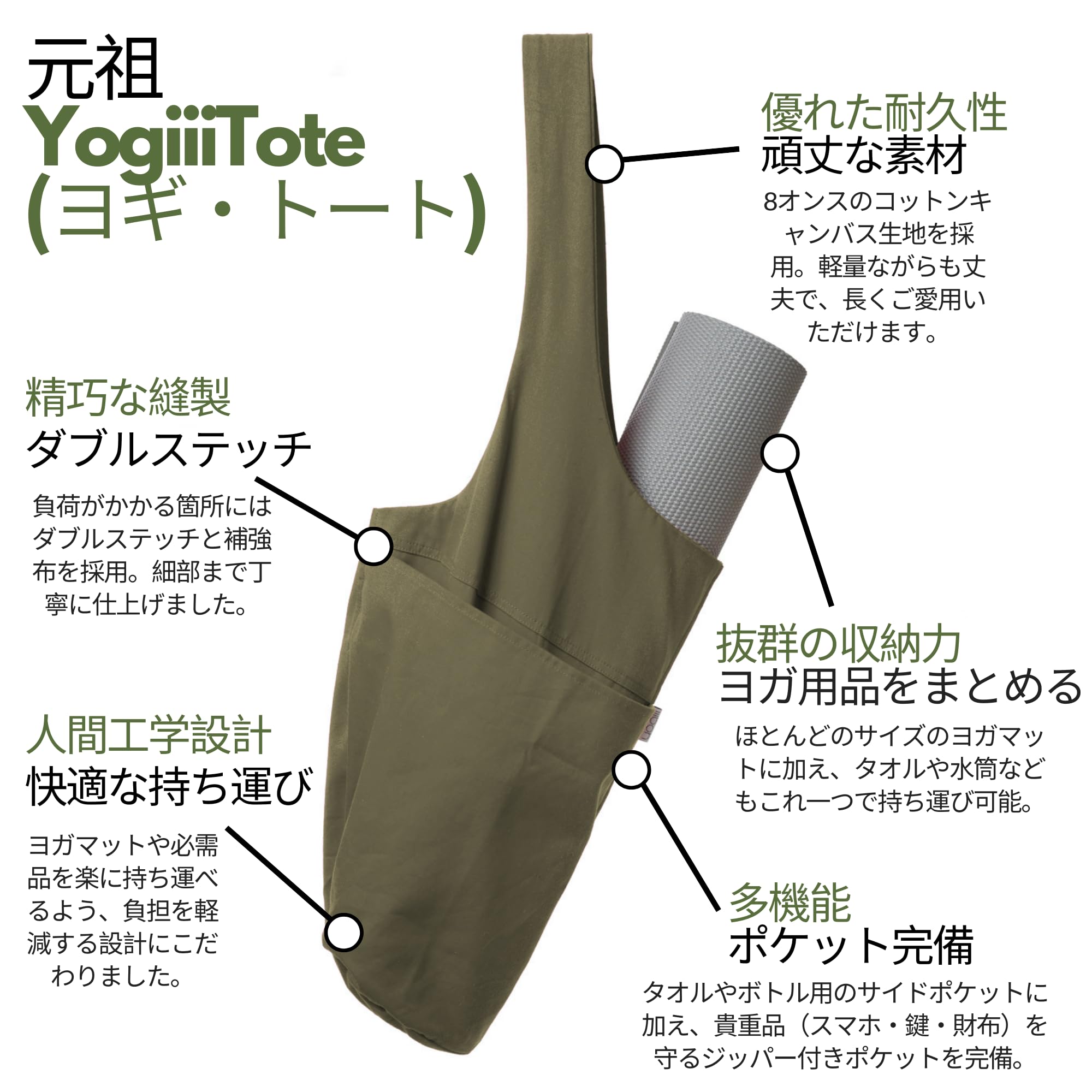 Yogiii Yogamatte Tasche | Die ORIGINAL YogiiiTote | Yogatasche für Yogamatte mit großer Seitentasche und Reißverschlusstasche | Passend für die meisten Mattengrößen