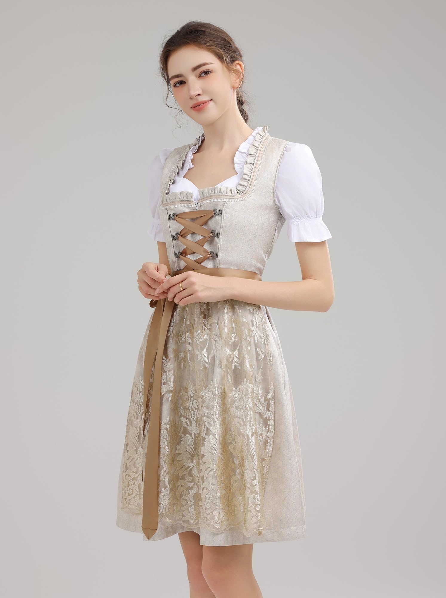 Dirndl Damen Midi Dirndlkleid Trachtenkleid Lang Trachtenrock 3 Teilig | Dirndl Damen Oktoberfest Outfit Dresses Trachten Dirndelkleider Komplett Set mit 3 Teilig Dirndl Bluse Dirndlkleid Schürze