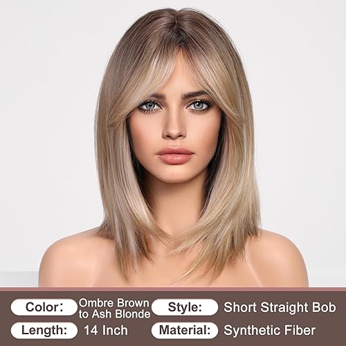 Miniatura 10 de HAIRCUBE Peluca corta marrón con flequillo, pelucas de longitud al hombro para mujer, pelucas cortas onduladas para mujer, pelucas sintéticas de