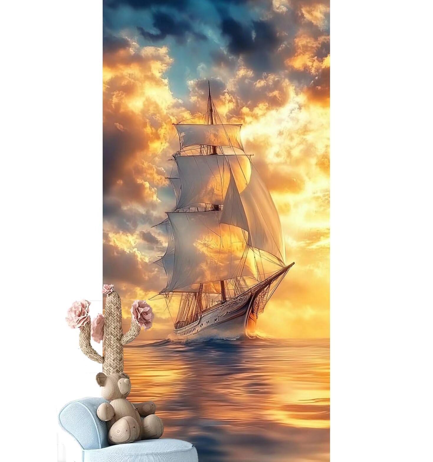 Dipingere con i Numeri per Adulti Bambini, Paint by Numbers con Pennelli Pittura a Pigmento Acrilico, Fai Da Te pittura di Numeri Kit Decora la casa Regalo (Senza Cornice)- Barca,Mare 60x180cm V-909