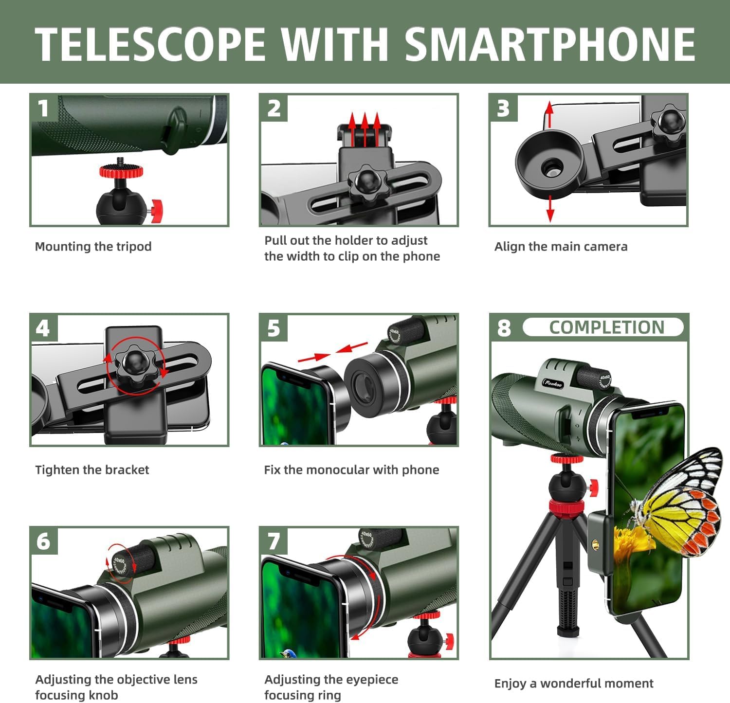 Pankoo Monokularowy teleskop 40 x 60 z uchwytem na smartfon, statyw 2024, Power Prisma, kompaktowy monokularowy monokular, dla dorosłych, HD Monokularowy Scope do obserwacji ptaków, wędrówek,