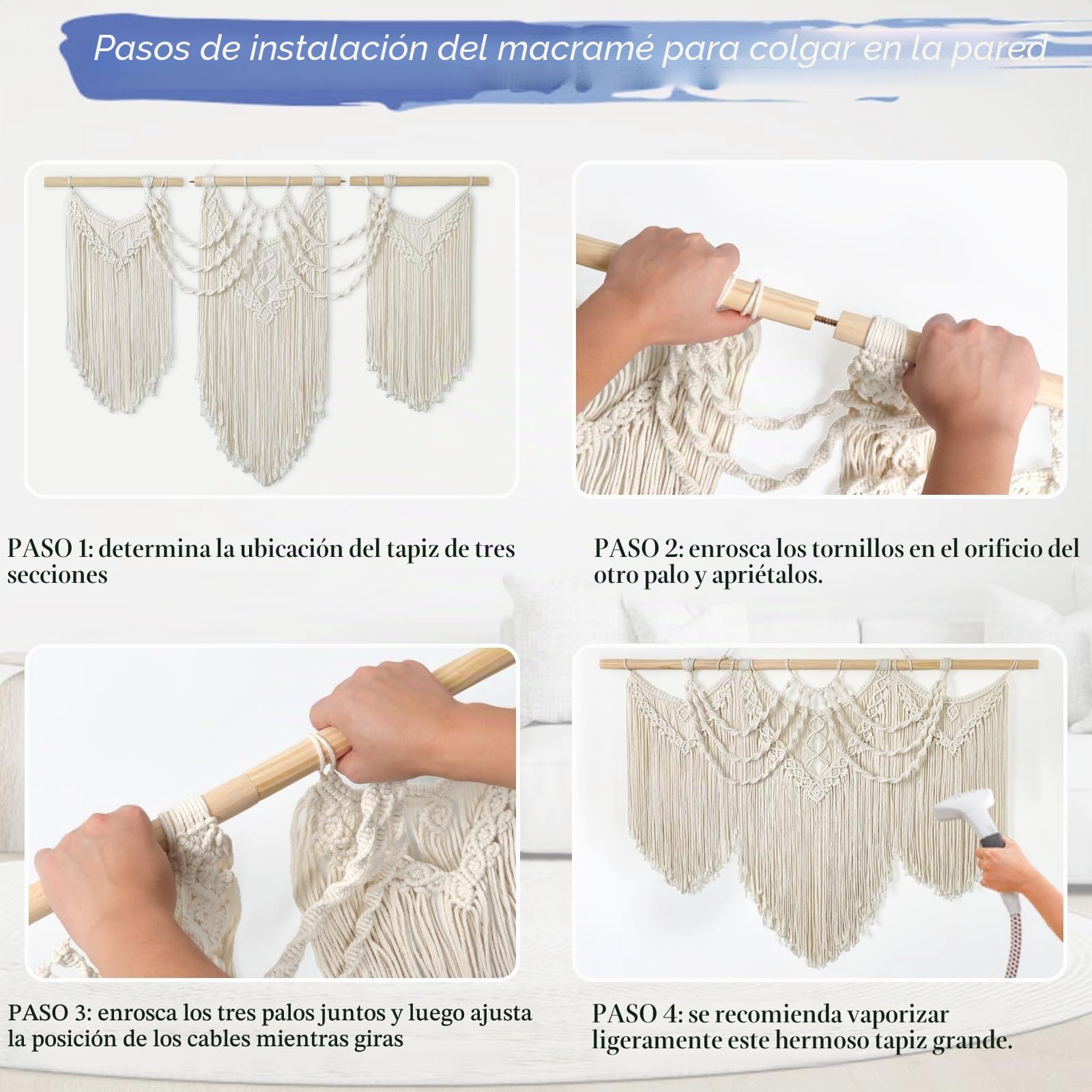 UXORSN Macramé Tapiz Grande Bohemio Colgante de Pared Chic Flecos Cuerda de Algodón Beige Tapices Tejido Decorativos para Cortina Sala de Estar Apartamento Telón Decoración de Arte de Pared
