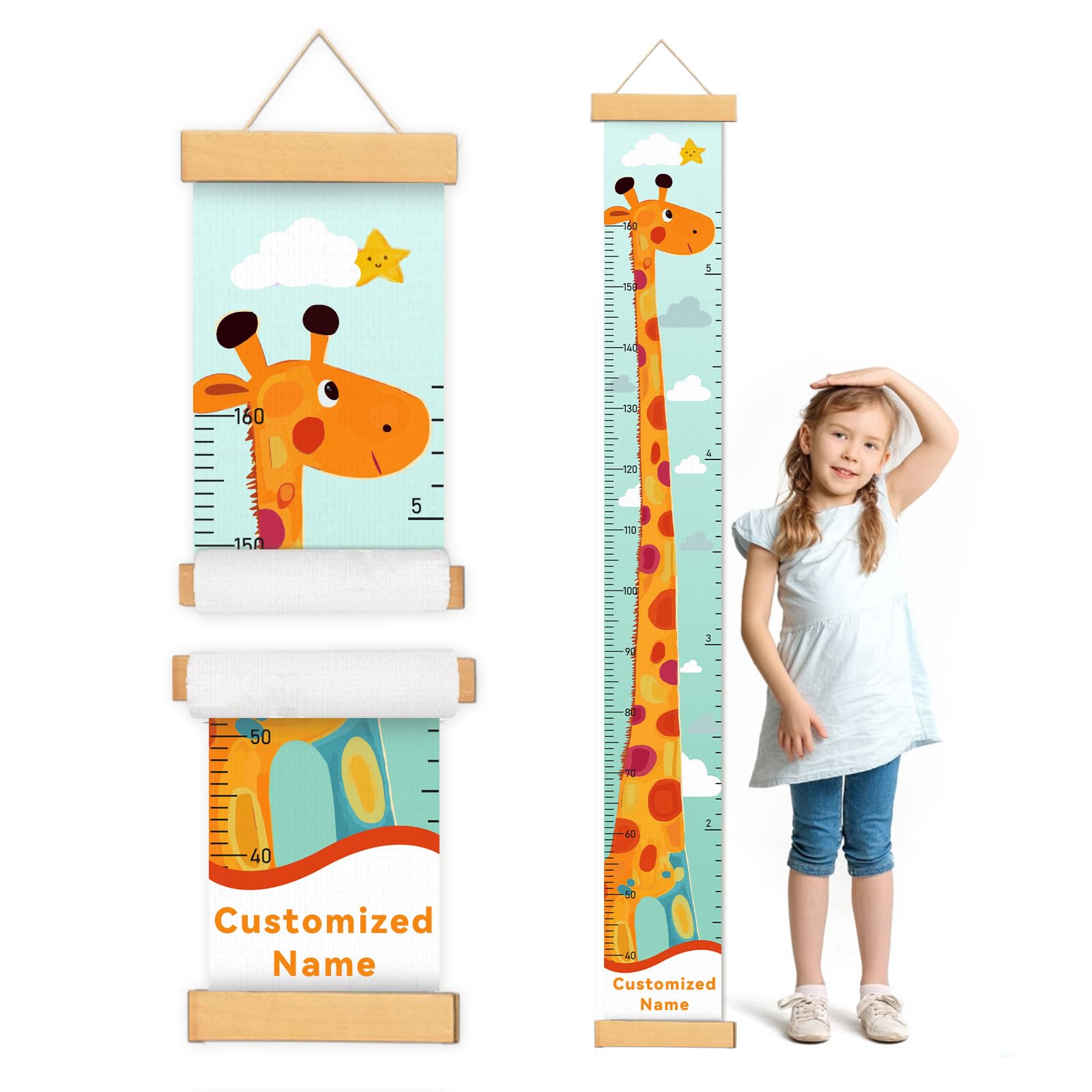 CHARMIBLE Personalised Height Chart for Kids, Removable Canvas Custom Name Wall Hanging Measuring Ruler for Child, Baby Measuring Wall Chart for Bedroom Nursery Wall Decoration(Giraffe)