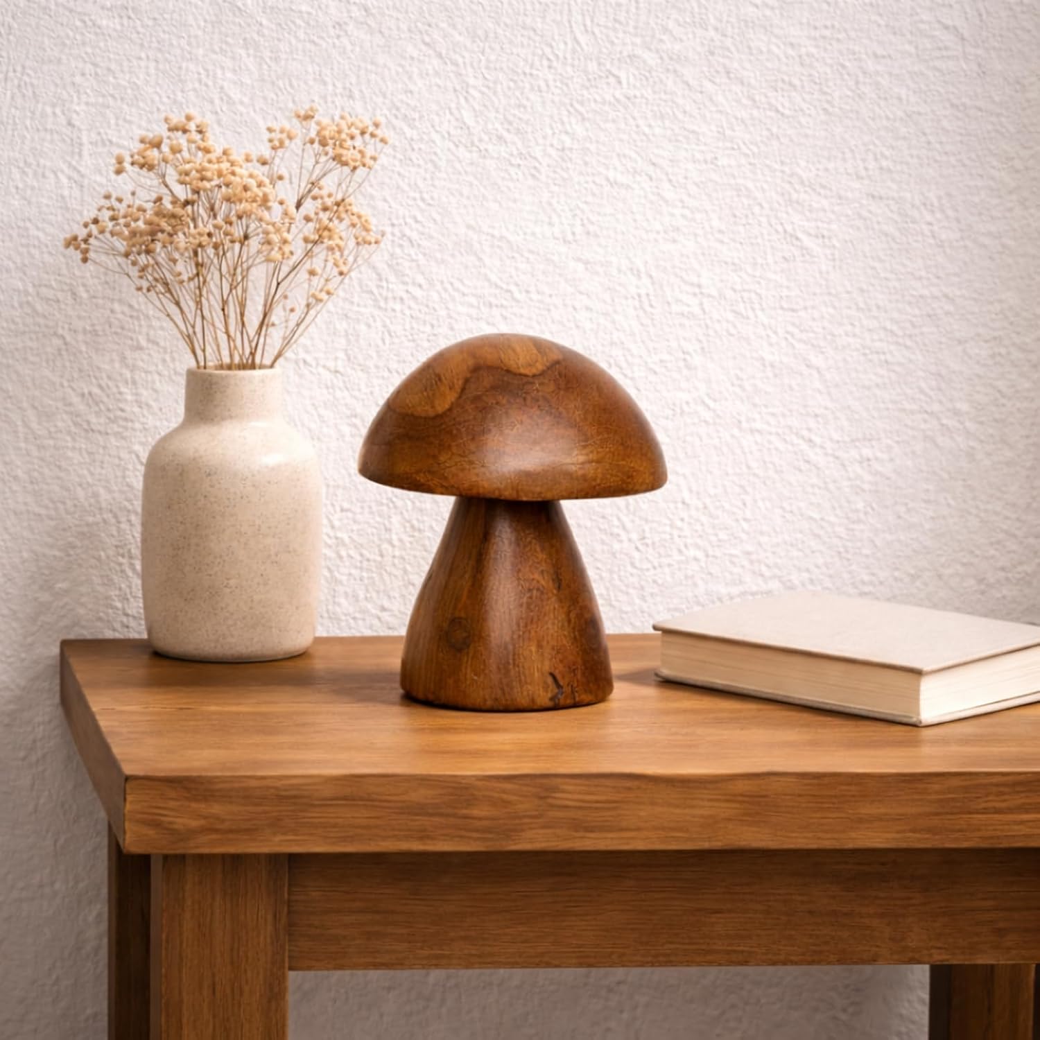 Handmade Teak Wood Mushroom Decor Statue, Rustic Wooden Sculpture Accent for Living Room, Boho Tabletop Figurine, Natural Solid Wood Home Decoration for Indoor