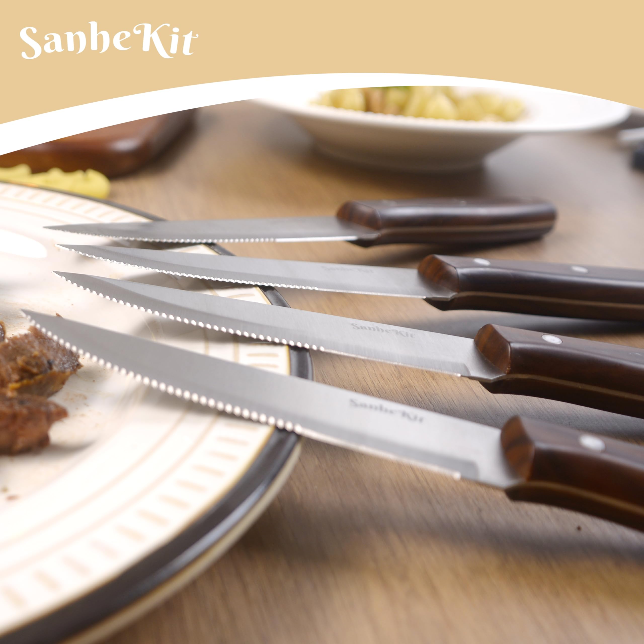 Lot de 12 couteaux à steak en acier inoxydable à haute teneur en carbone, design Full-Tang, manche en plastique avec grain de bois, couteau à viande dentelé, couteaux de table tranchants