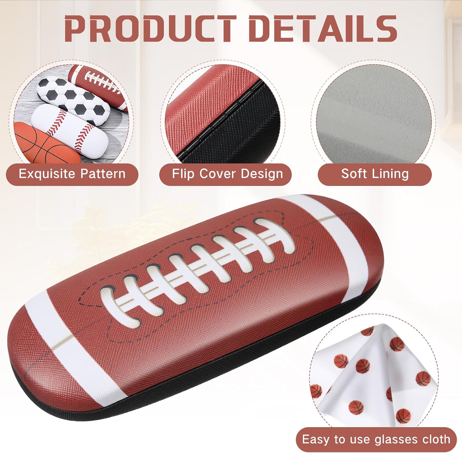 4 Pcs Hard Shell Eyeglass Case with Microfiber Cloth Ball Themed Kids Glasses Case Durable Small Sunglasses Holder Sports Eyewear Storage Box Protective Cover for Boys Girls Men Women