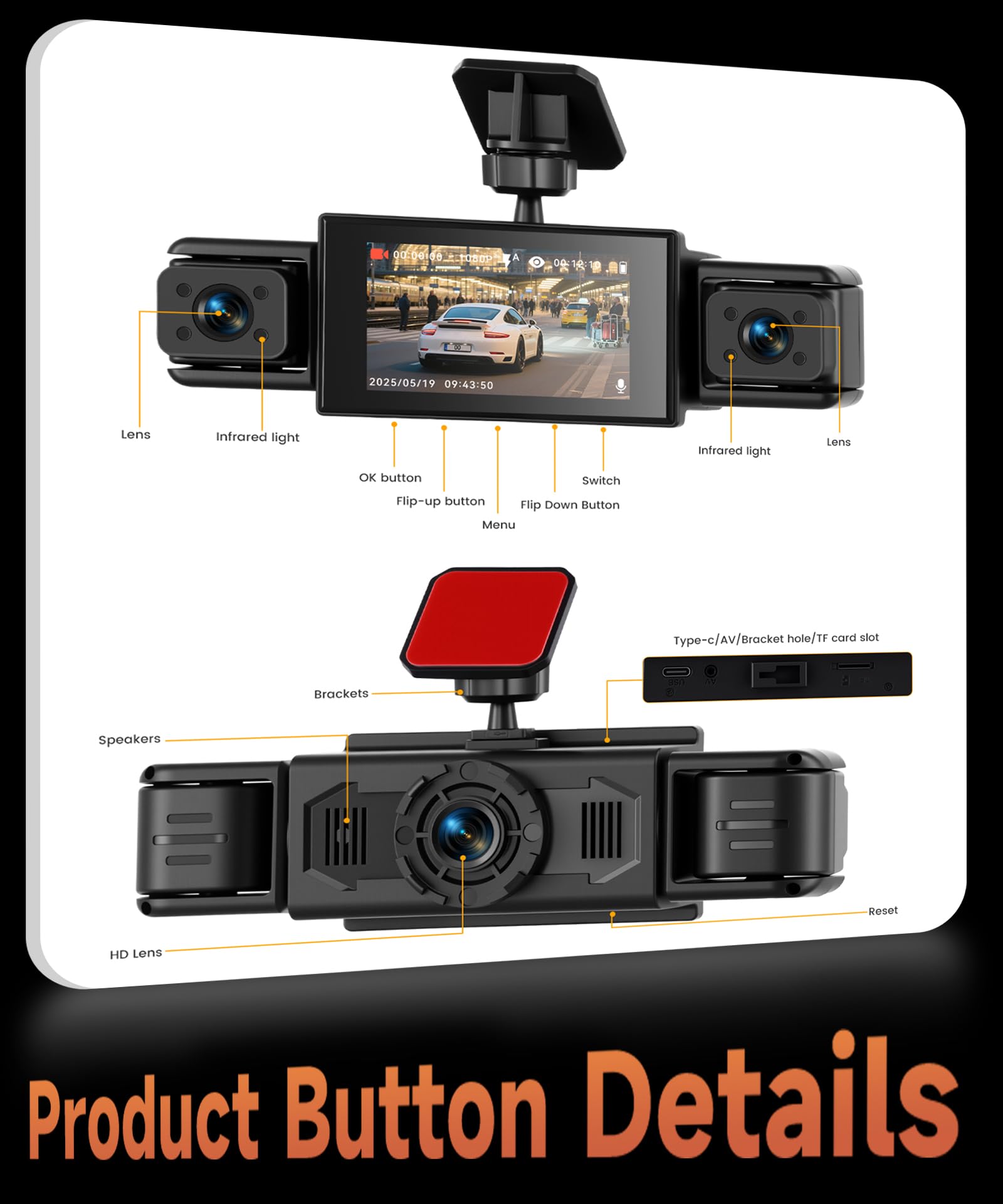 Rimoody 4 Canali Dashcam Auto 360°, 108P 4 Telecamere Anteriore Posteriore Sinistra Destra, 3 Pollici Schermo IPS Dash Cam, Visione Notturna 8 IR, Registrazione in Loop, Monitoraggio Parcheggio 24H