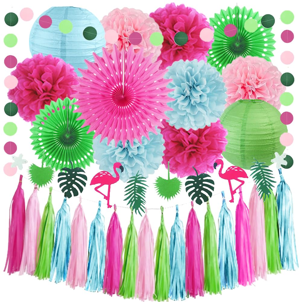 Summer Pool Party Decorations Tropical Flamingo Party Decor Hot Pink Green Blue Paper Tassel Garland Paper Fans Paper Lanterns Paper Pom Poms for Luau Beach Party Decor