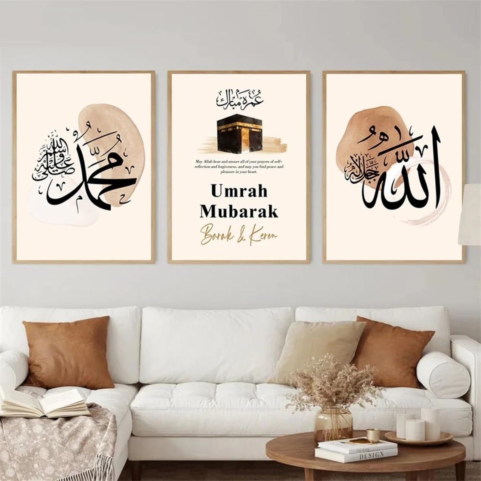 Baibexing Umrah Mubarak Custom Name Poster Islamic Calligraphy Print Pictures Muslim Allah Canvas Print Wall Art Posters Living Room Decor 21X30Cmx3Pcs Unframed