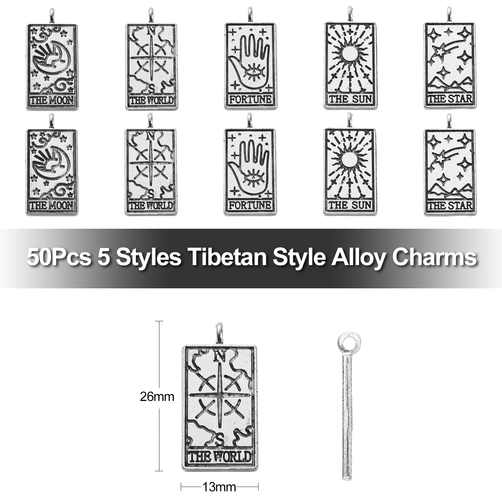 Stiesy 50Pcs 5 Styles Antique Silver Tarot Charms Tibetan Style Sun Moon Tarot Card Charm Vintage Magic Divination Card Jewelry Pendant Bulk for Bracelet Jewellery Making DIY Crafts Necklace - Image 2