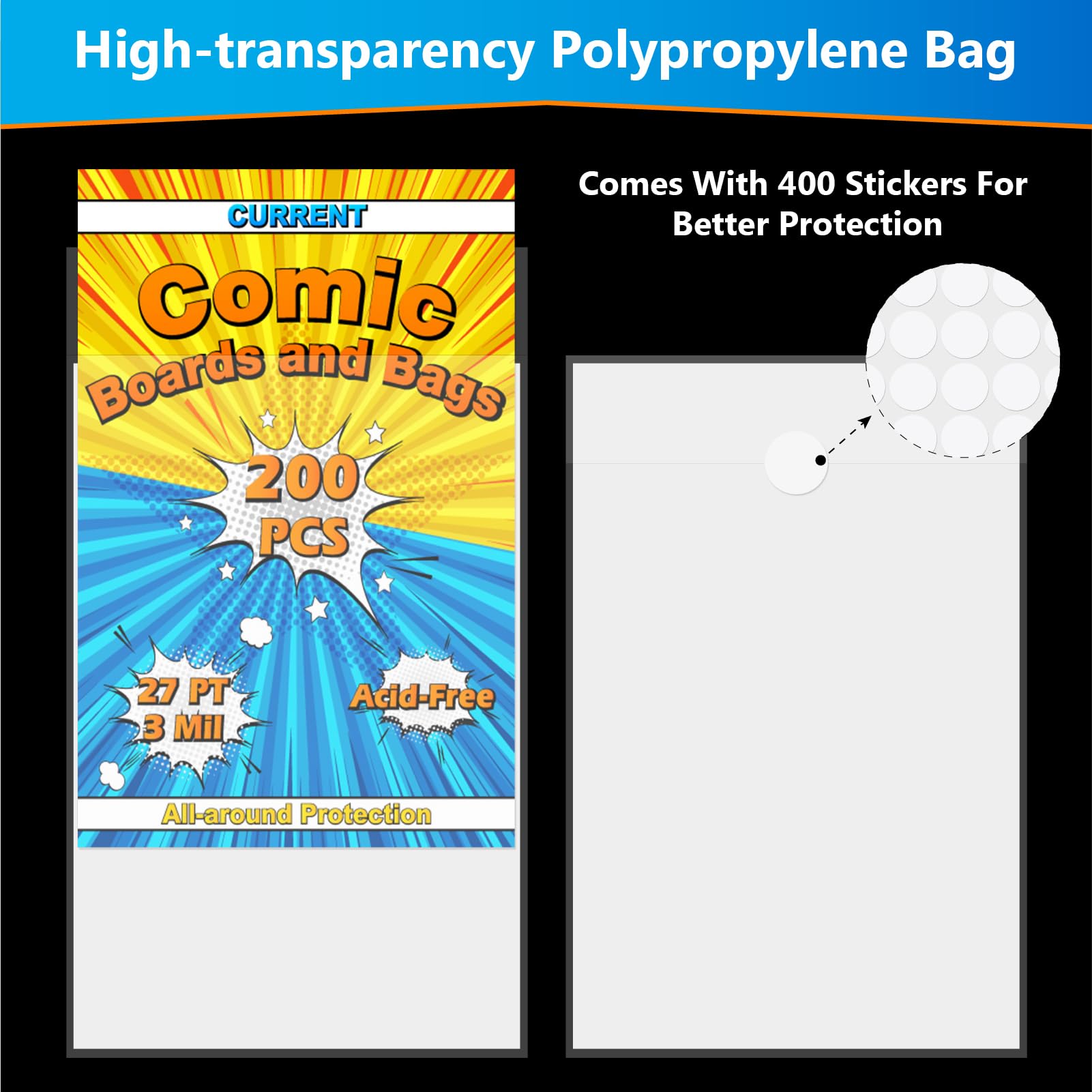 Current Comic Book Bags and Boards 200 Comic Book Sleeves and 200 Comic Book Boards, Acid-Free Clear Comic Book Storage, Comic Book Backing Boards 27 pt, Thick and Coated Comic Backing Board