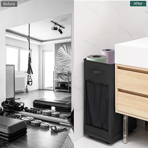 Miniatura 5 de Estante de almacenamiento para esterilla de yoga, estante de almacenamiento para gimnasio en casa con ruedas, soporte lateral para esterilla de