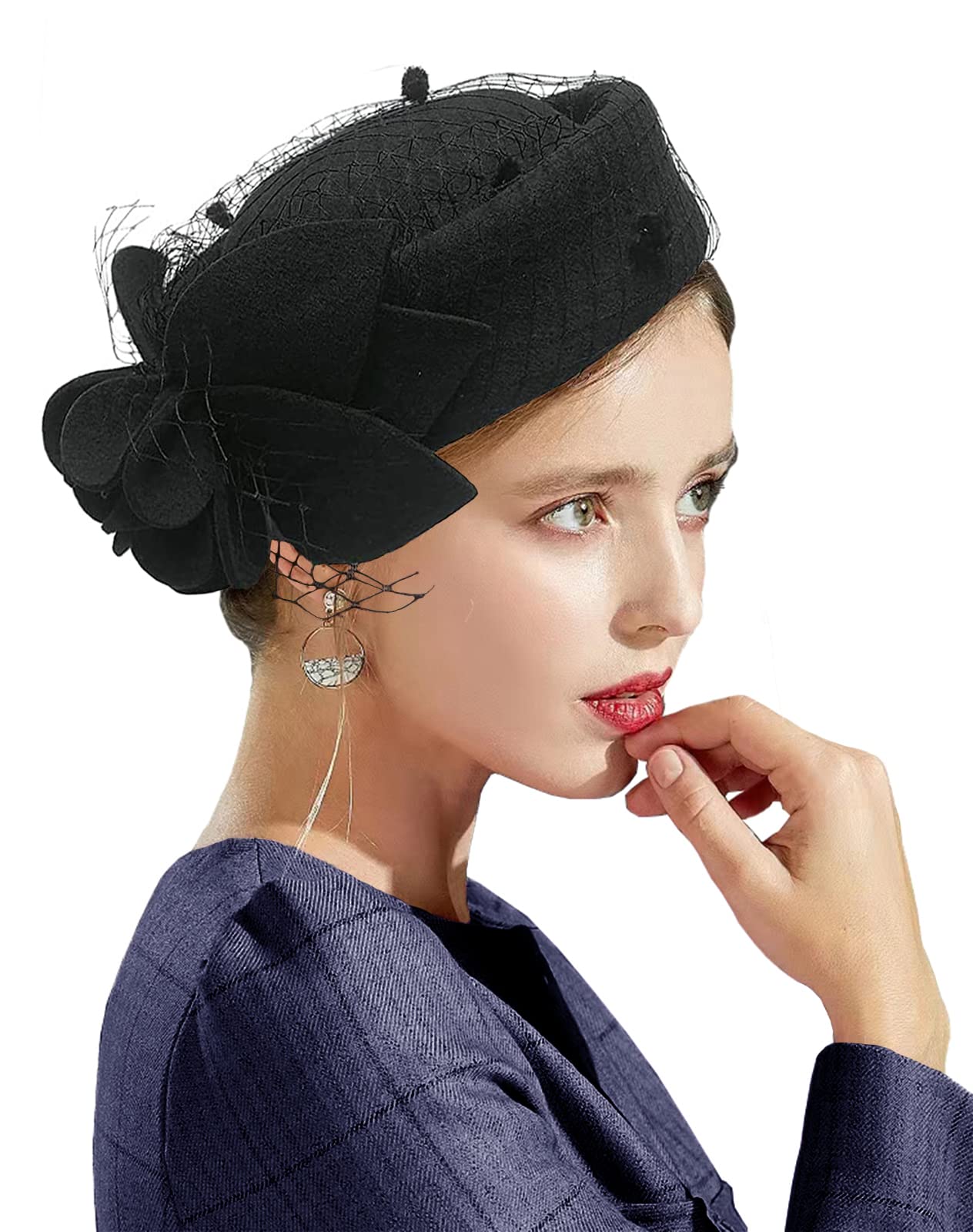 Tlmnu Women's D1-Black Fascinator Hats For - Tea Party 100% Wool Hats Fascinators Kentucky Headband Felt Derby Hat Wedding Cocktail Mesh, One Size