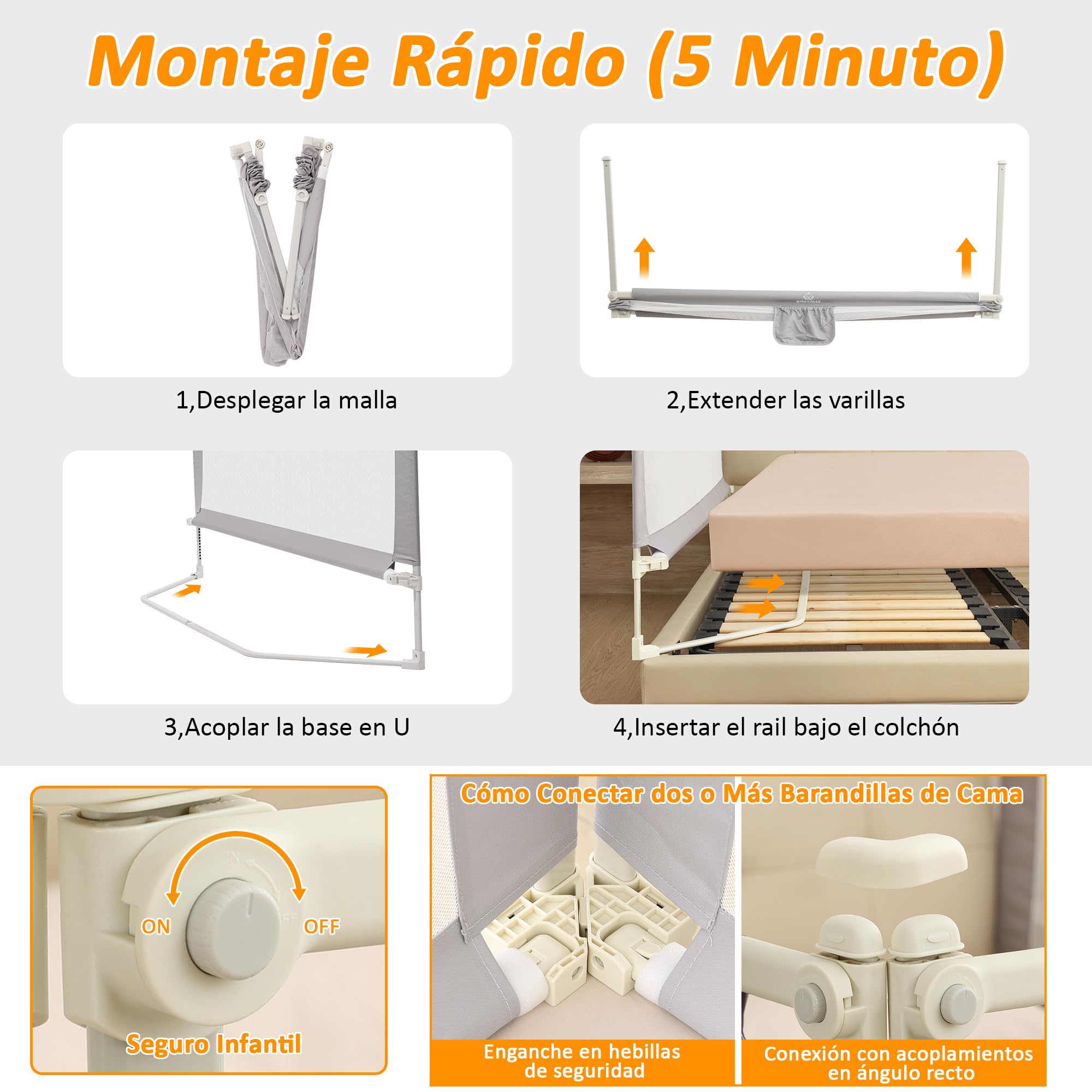 Barrera para Cama, Set de 3 Barrera de Seguridad Niños, Barandilla Cama Niño Legable y Portátil - (2 x 200 cm + 1 x 180 cm) en Paquete