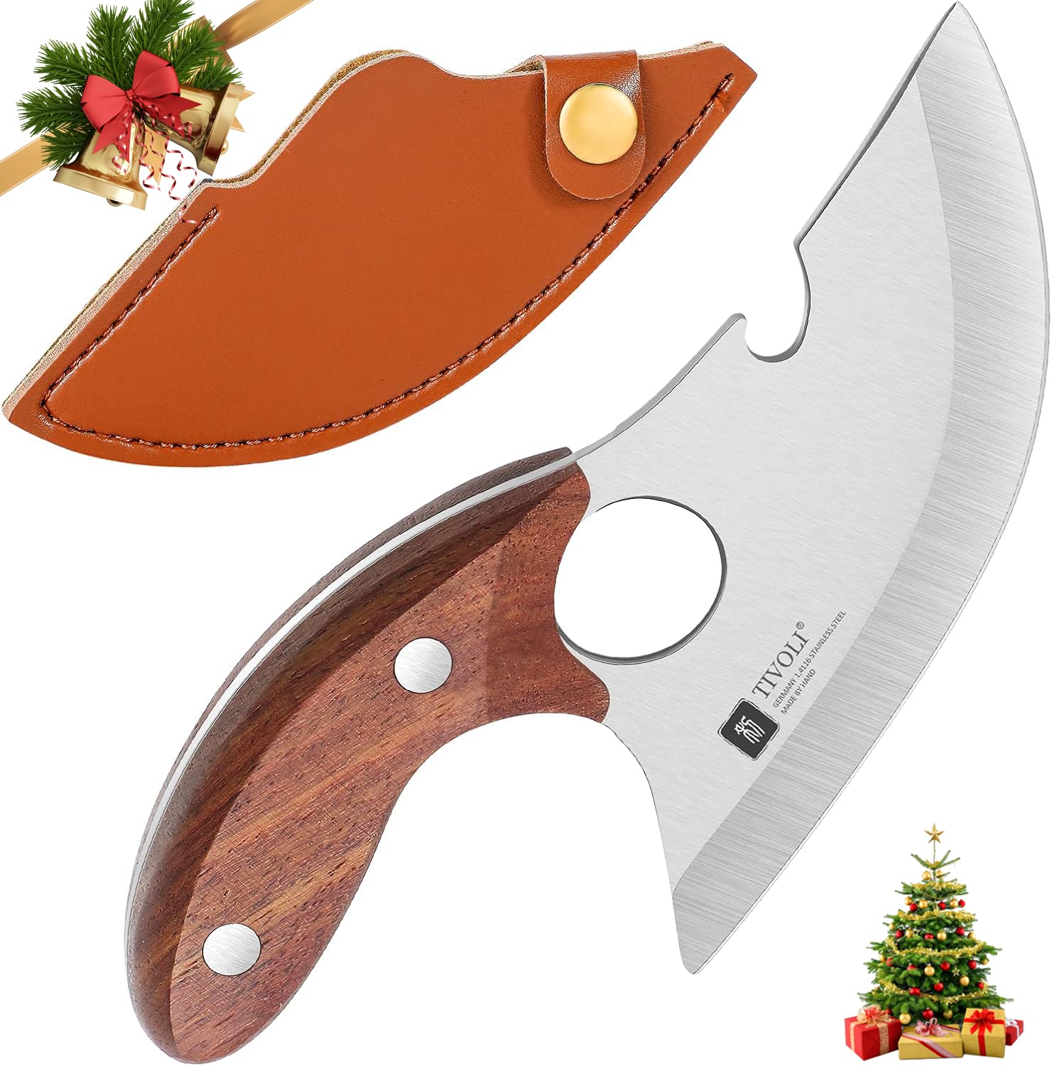 Small Ulu Knife 5-inch Rocker Knife, Full Tang Kitchen Utility Knives Handmade Alaskan Ulu Meat Knives with Sheath for Outdoor Camping BBQ Fishing Hiking Father's Day Christmas Gift Men Women