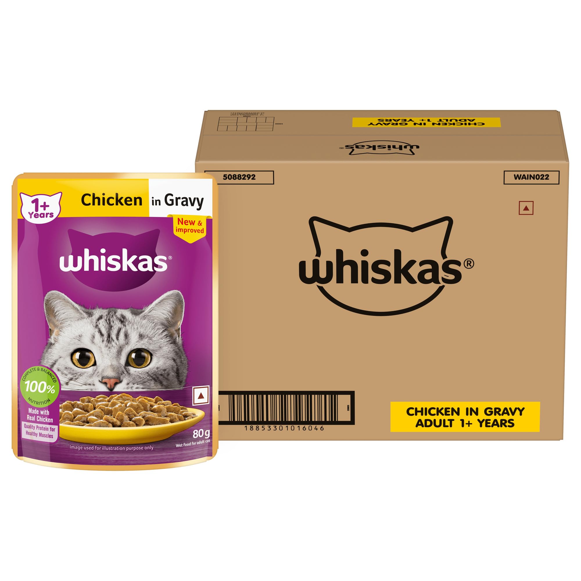 Whiskas Adult (1+ Years) Wet Cat Food, Chicken in Gravy, 80 g (Pack of 112), Hydrating Food Made With Real Chicken, 100% Complete & Balanced Nutrition for Adult Cats