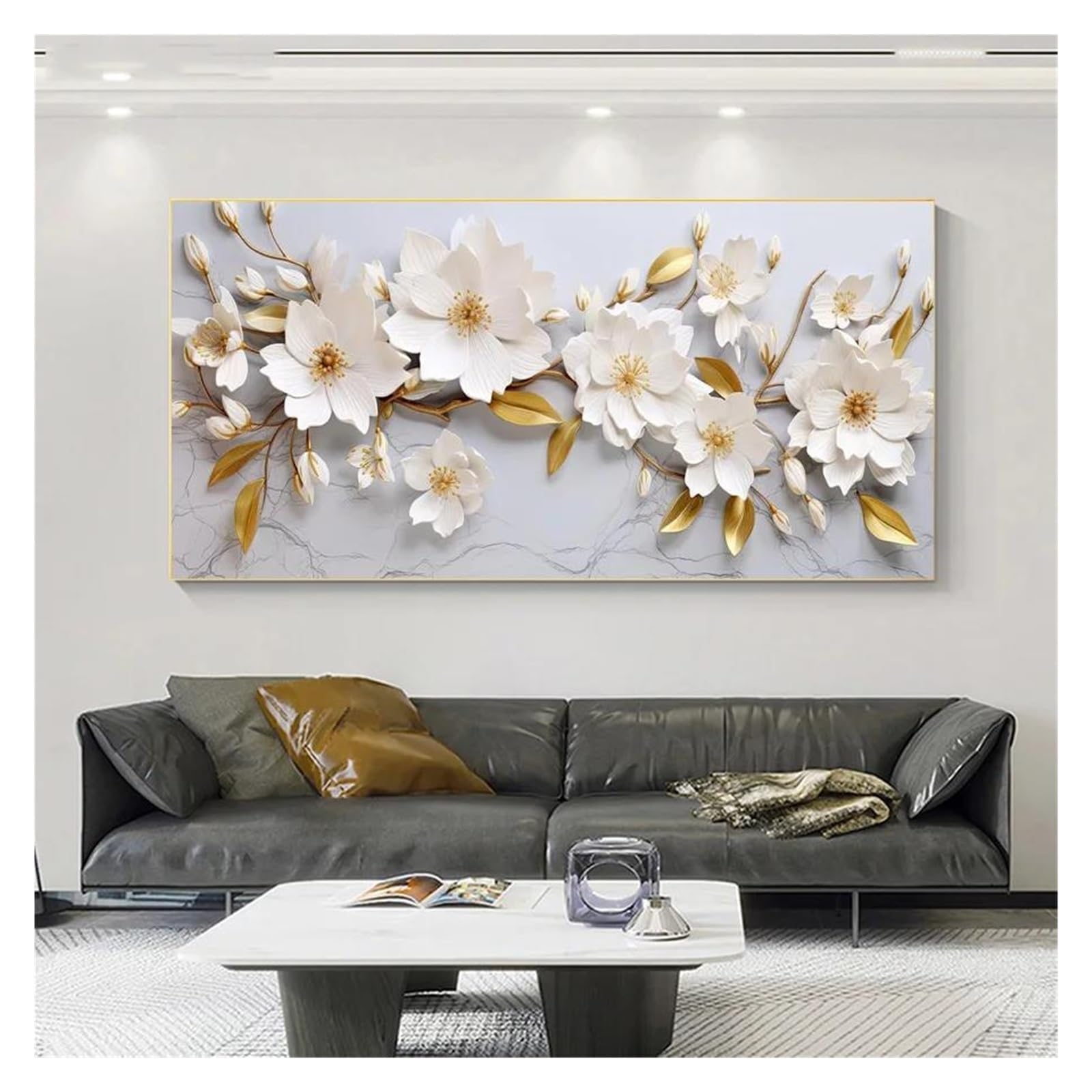Byambd A Esthetic Pictures Modern Poster Bstract Gold Nd White Flowers On Marbled,Canvas Print Painting No Frame Living Room Decor(,50X100cm)