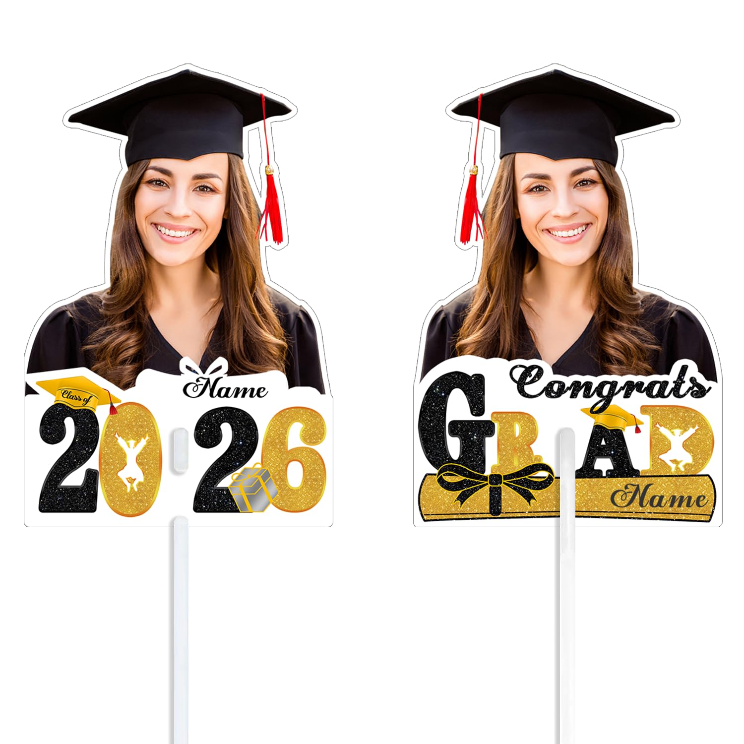 Dicodes Personalized Graduation Face Fan 2026 Grade Custom Double Sided Face Cutout Fan with Handle Photo Booth Prop Party Supplies(B-Gold and Black,