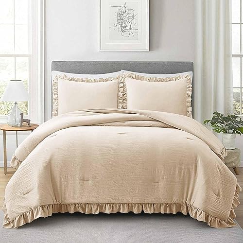 Miniatura 7 de Faincy Juego de edredón de tamaño King con volantes color tostado, juegos de ropa de cama reversible con volantes alternativos, 90 x 104 pulgadas, 3