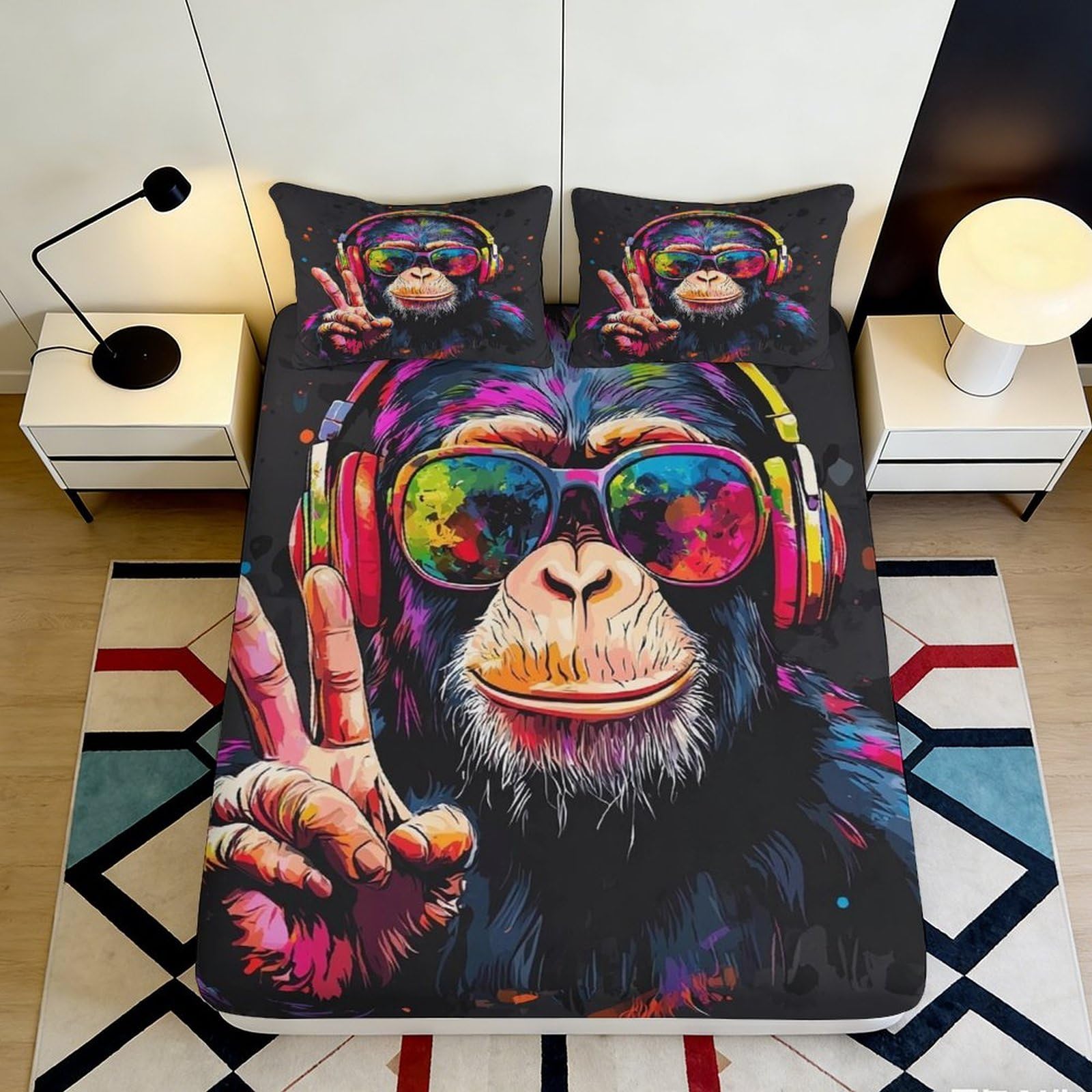 3D Printed Graffiti Monkey Fitted Sheet Microfiber Soft Anti-Slip Funky Headphones Bed Cover for Bedroom Decor 90x200x25cm
