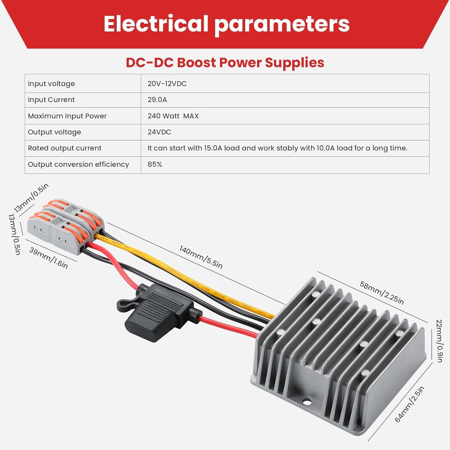 DC-DC Convertitore di tensione da 12V a 24V 10A 240W MAX, convertitore da 10-22V a 24V boost, convertitore con fusibile impermeabile e morsettiera, per motori di auto e strumenti ecc.