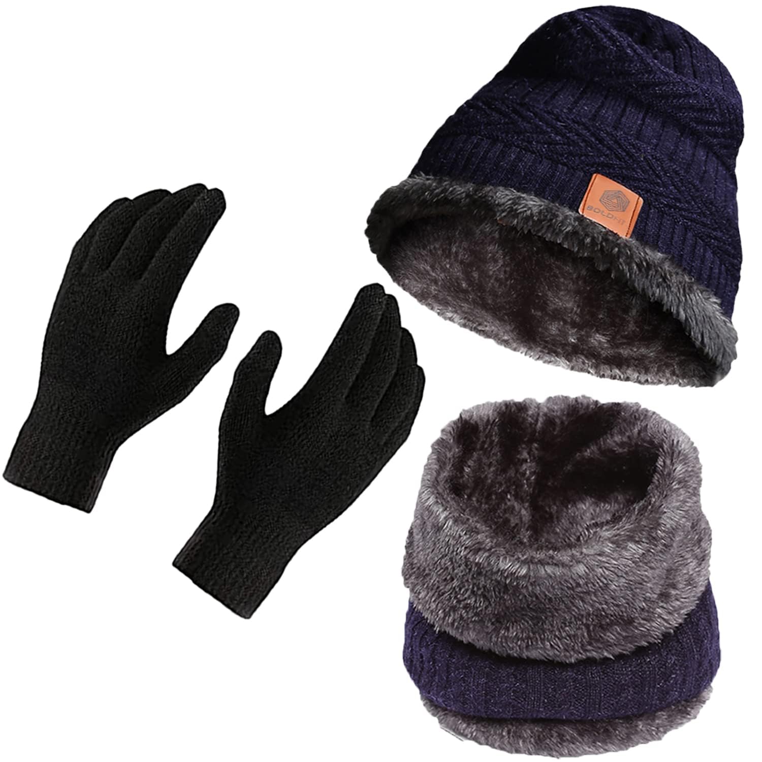 3-in-1 Winter Wear Combo – Woolen Beanie Cap with Fur Lining, Warm Neck Warmer Muffler & Thermal Gloves for Men and Women | Soft, Comfortable & Cold Protection Set-image-48