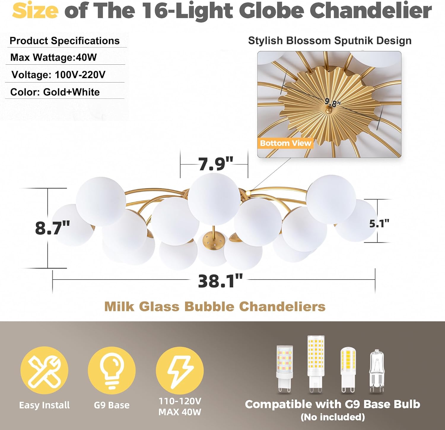 16-Light Sputnik Milk Glass Bubble Chandelier Gold Semi Flush Ceiling Lights with Blossom Accent, White Glass Globe Lighting Mid Century Modern Starburst Light Fixture for Entry Living Room