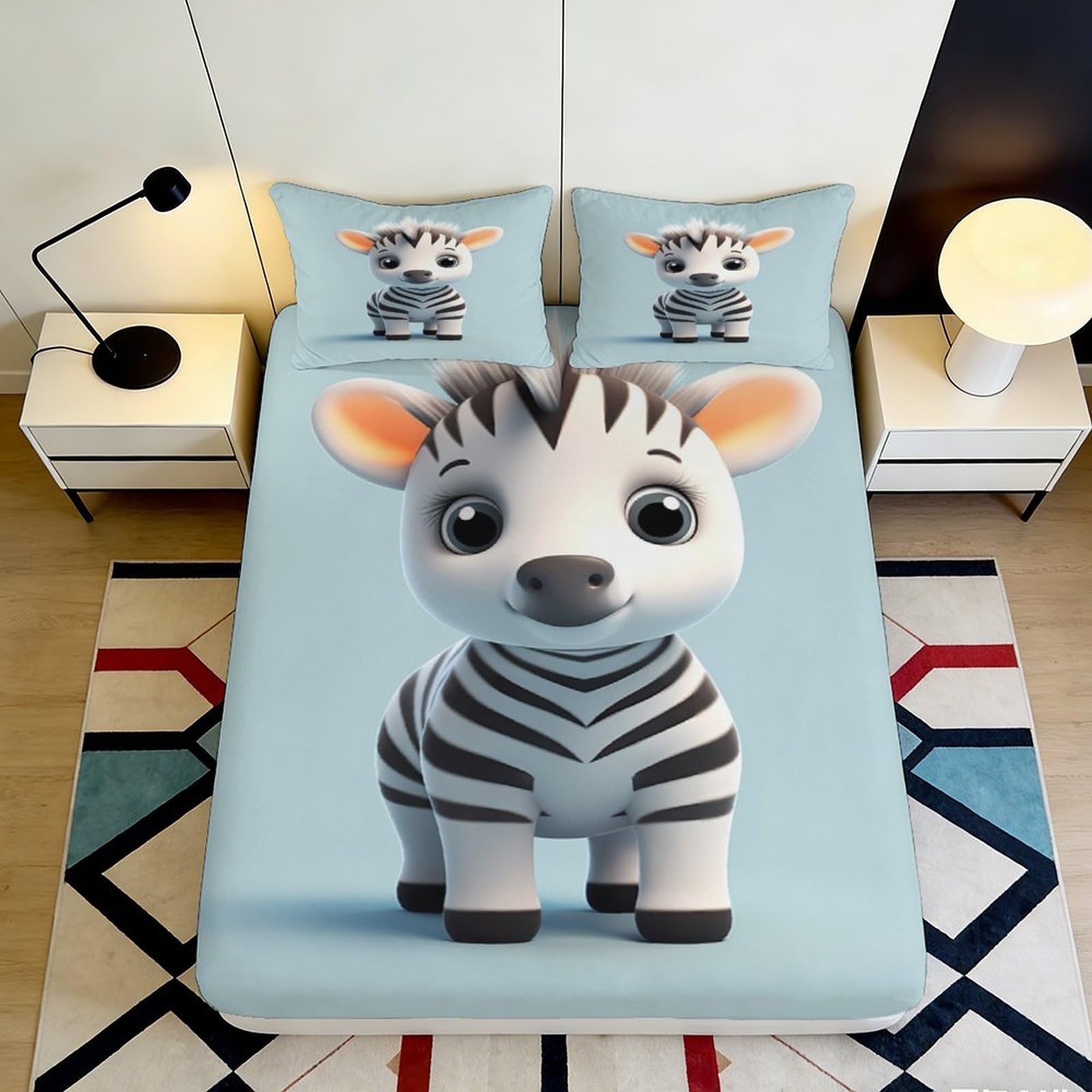 3D Printed Cute Zebra Fitted Sheet Microfiber Soft Anti-Slip Blue Animal Bed Sheet Mattress Cover for Bedroom Guest Room 140x200x25cm