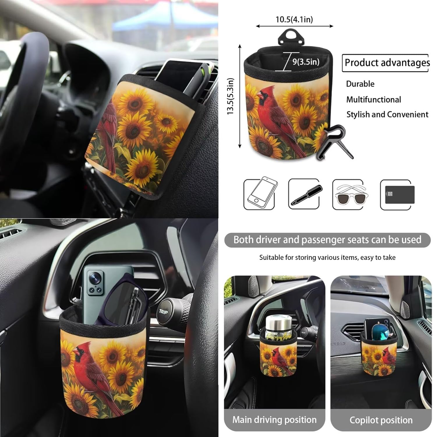 Cardinal Sunflower Pattern Car Accessories Set of 15, Full Set Seat Covers for Cars Steering Wheel Cover Seat Belt Cushion Car Trash Can Air Vent Storage Bag Cup Coasters Universal Fit