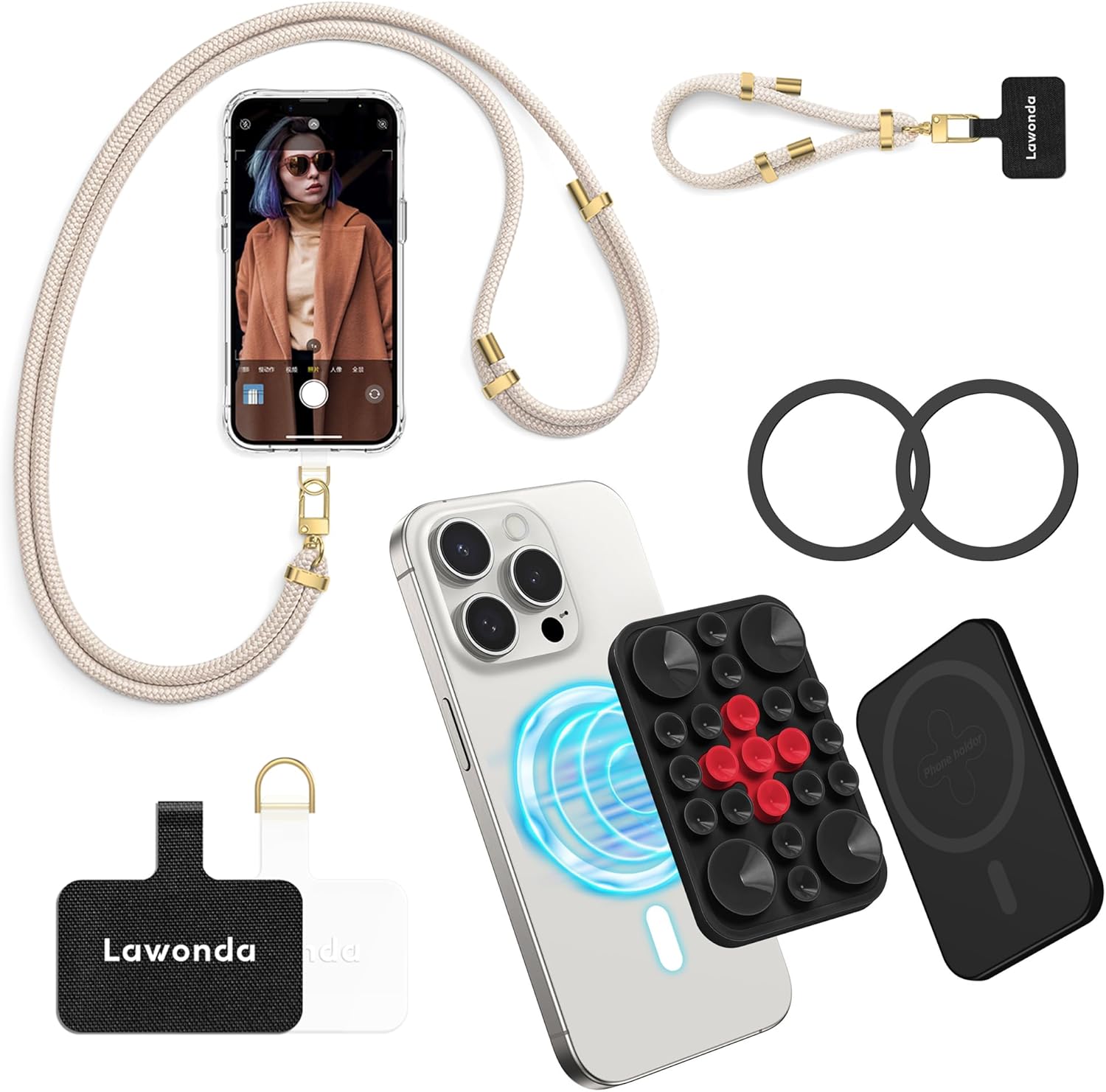 2 Pads Phone Lanyard Adjustable Crossbody Cell Phone Neck Strap + Magnetic Suction Cup Phone Mount for MagSafe Case