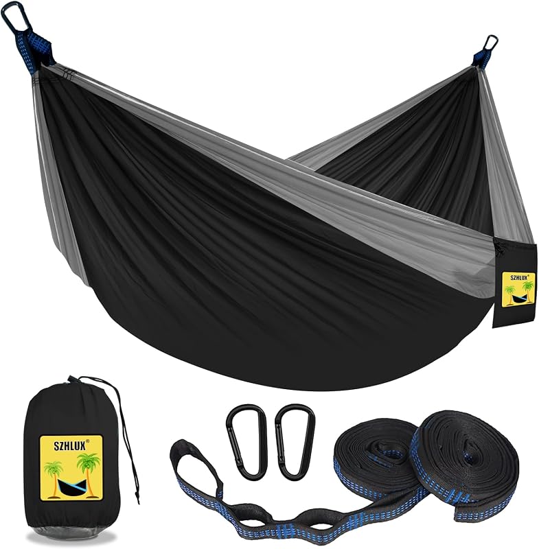 Camping Hammock Double & Single Portable Hammocks with 2 Tree Straps and Attached Carry Bag,Great for Outdoor,Indoor,Beach,Camping,Black & Grey, Large