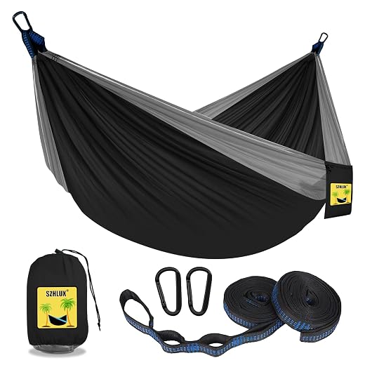SZHLUX Camping Hammock Double & Single Portable Hammocks with 2 Tree Straps, Great for Hiking,Backpacking,Hunting,Outdoor,Beach,Camping,Black / Grey
