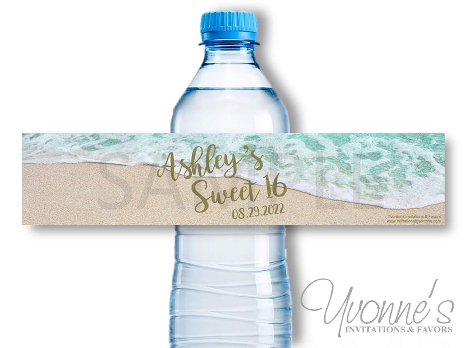Beach Water Bottle Labels Wrappers Personalized - Wedding-Bridal Shower-Birthday-Sweet 16 Beach Themed Event (Set of 12)