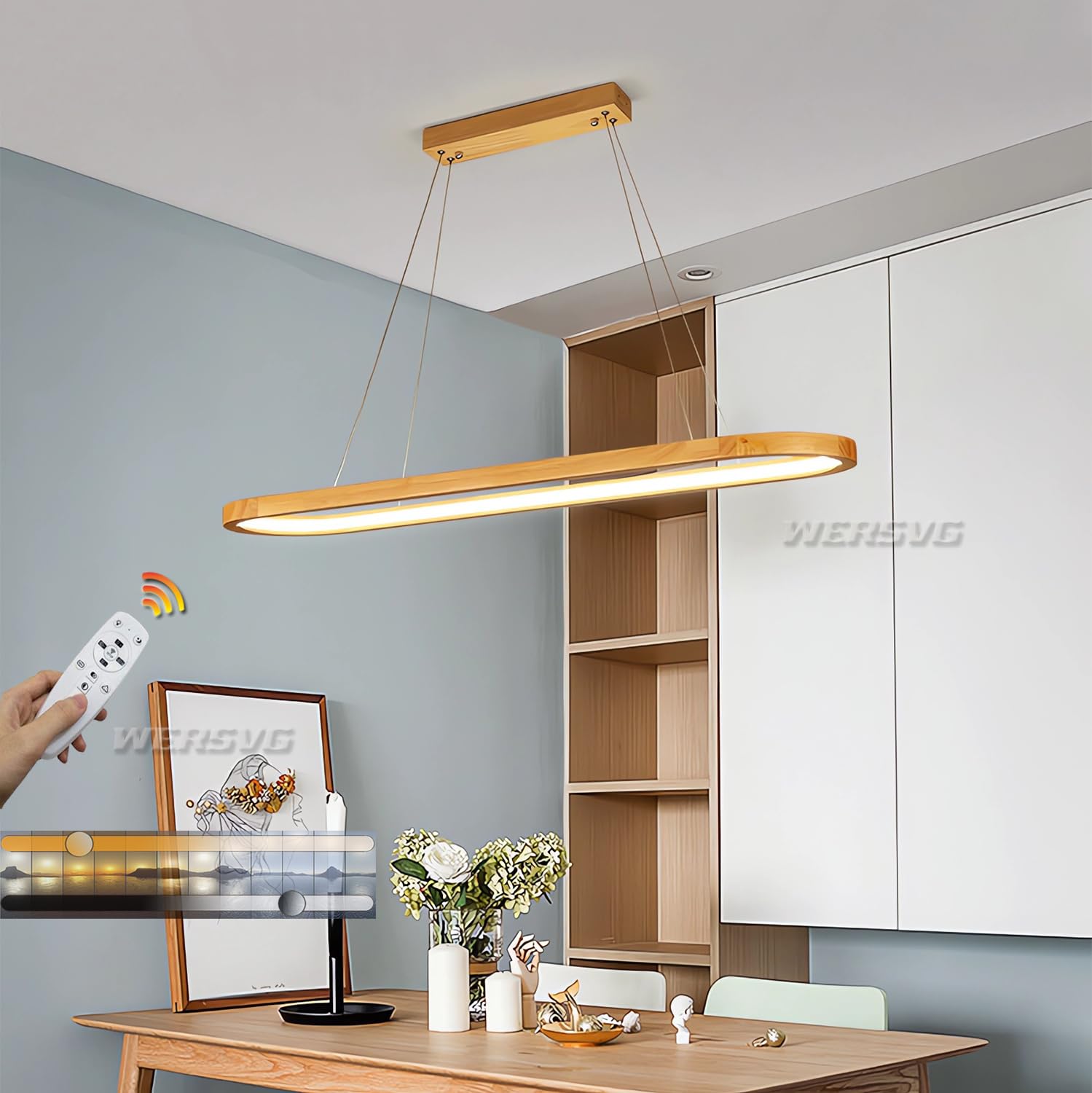 Lámpara colgante Moderna de Madera regulable con Control remoto, 150 cm, nogal, para Mesa de comedor y oficina, lámpara colgante de Madera Natural.
