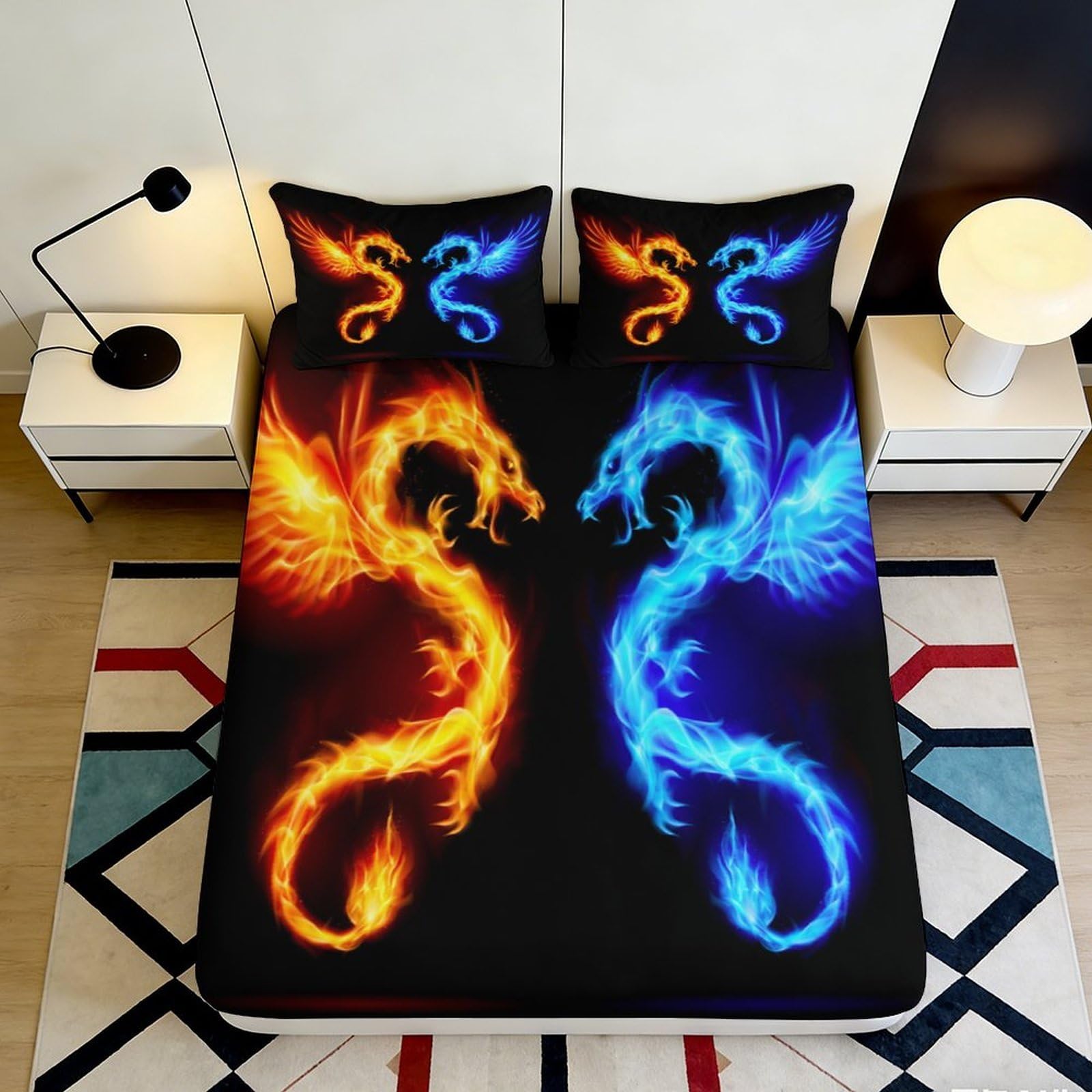 3D Printed Fire Dragon Fitted Sheet Microfiber Soft Blue Dragon Mattress Cover for Bedroom Dorm Decor 90x200x25cm