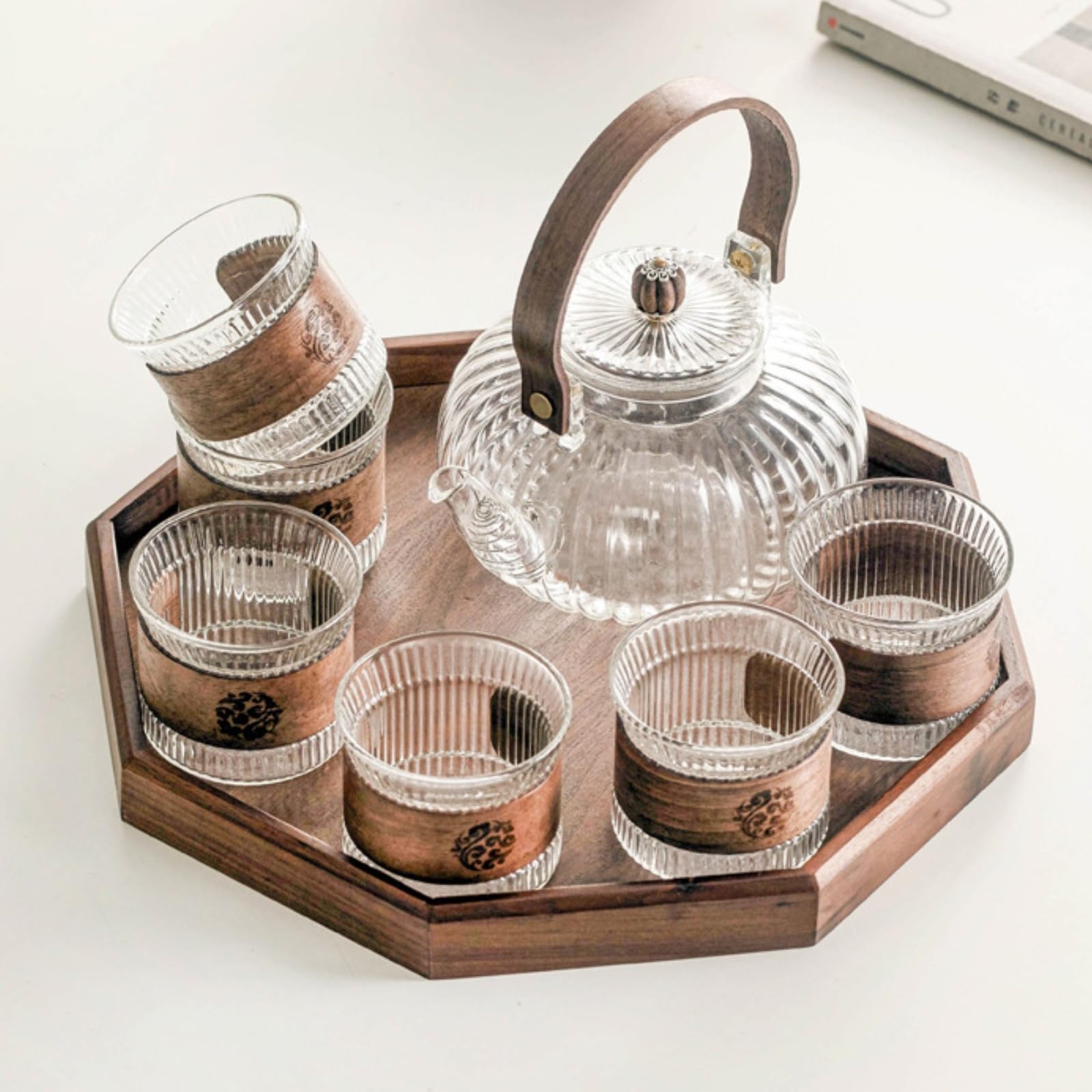 Teeset aus transparent Teeservice mit Kanne und Tassen tropf Tasse für Teeliebhaber, 1 Kanne, 6 Tassen, 1 Tablett, Hochwertig