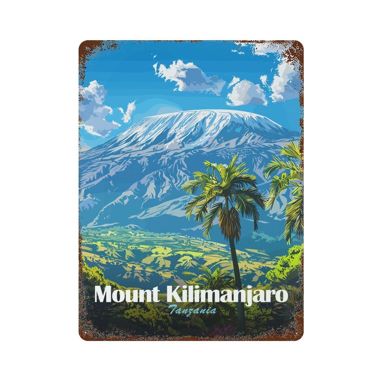 Decorative Tin Sign with Mount Kilimanjaro Tanzania Travel Design 15.7"x11.8", for Garage, Bar And Workshop Decor, Decorative Metal Wall Art