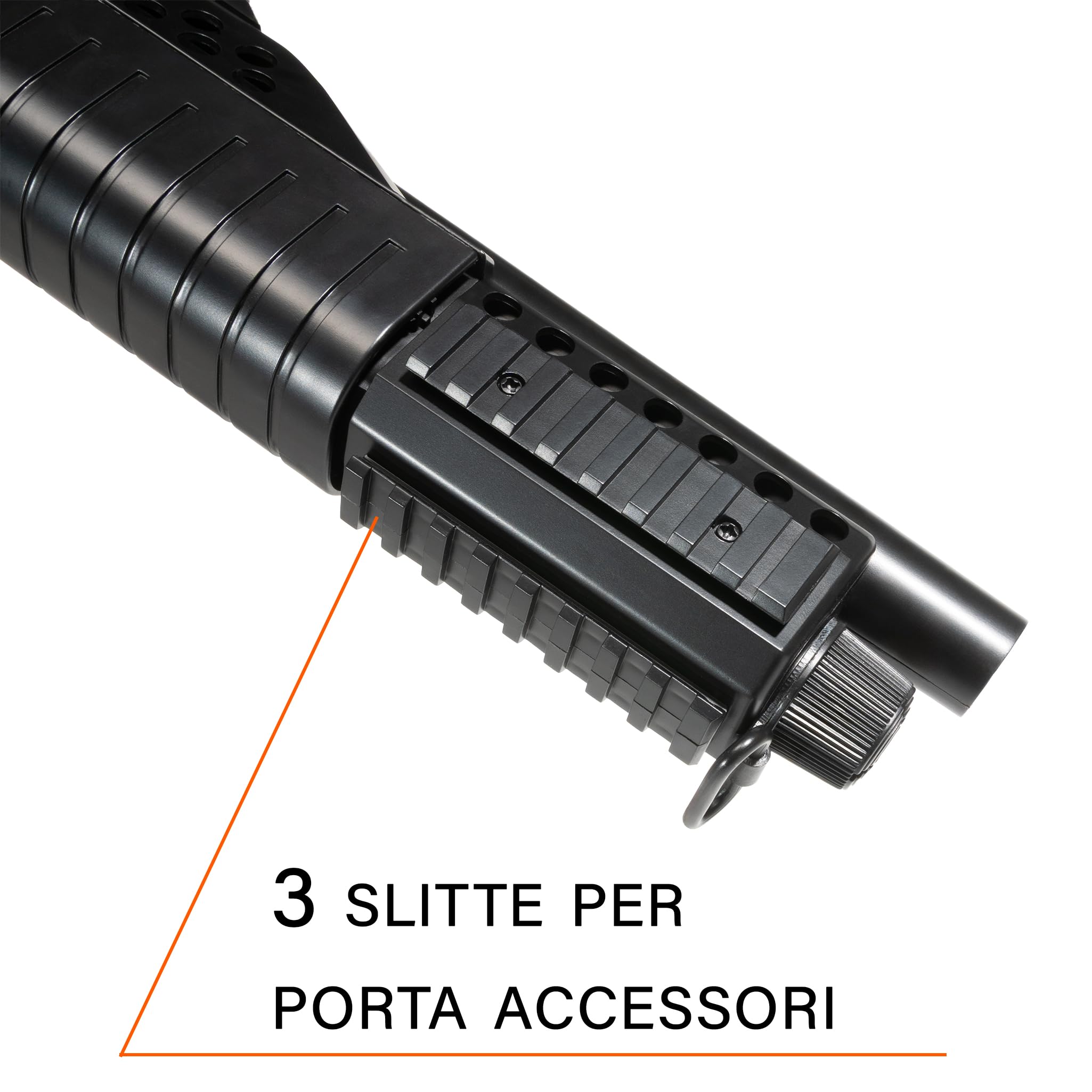Fucile a pompa Softair plastica, POTENZA 0,9 JOULE, hop up regolabile, caricatore cartuccia 1x14, 4 bossoli, torcia e red dot, slitte su 3 lati