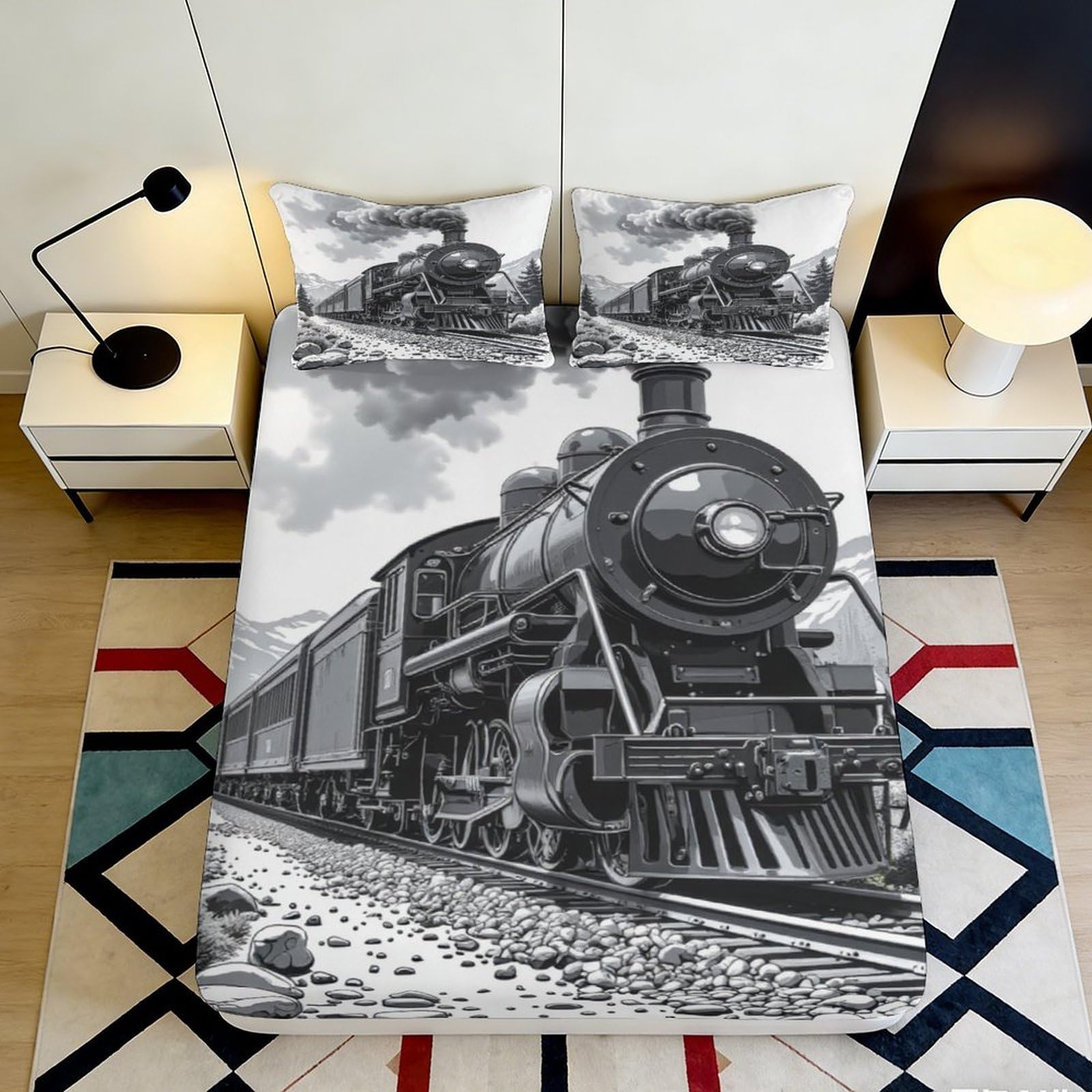 3D Printed Vintage Train Fitted Sheet Microfiber Soft Durable Steam Locomotive Bed Cover for Bedroom Dormitory Guest Room Mattress Protection 90x200x25cm