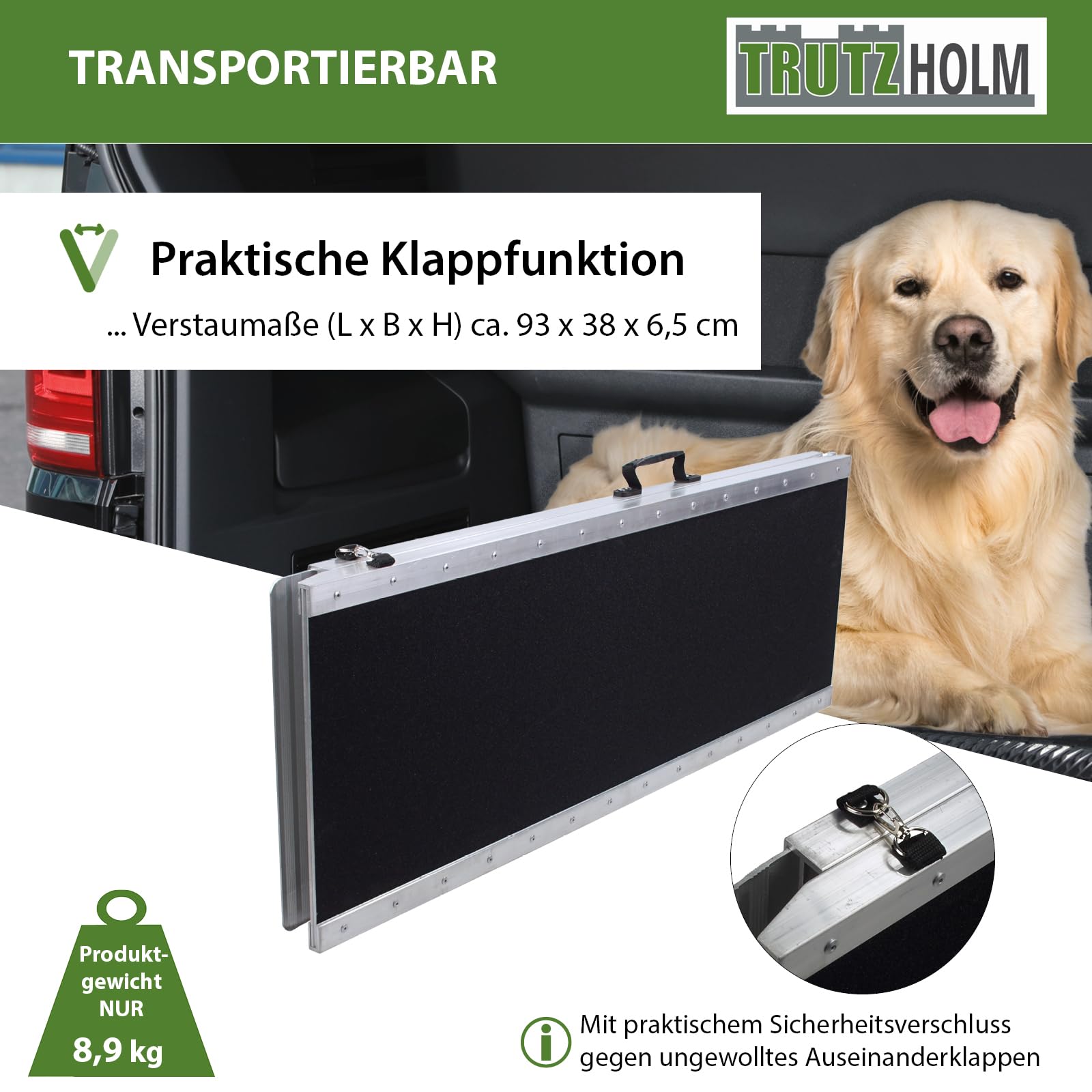 TRUTZHOLM Hunderampe klappbar 183/215 cm Aluminium Tierrampe Tragkraft 180 kg Faltbare Einstiegshilfe für Hunde Rutschhemmende Lauffläche gelenkschonend für große Hunde Auto Kofferraum SUV (215 cm)