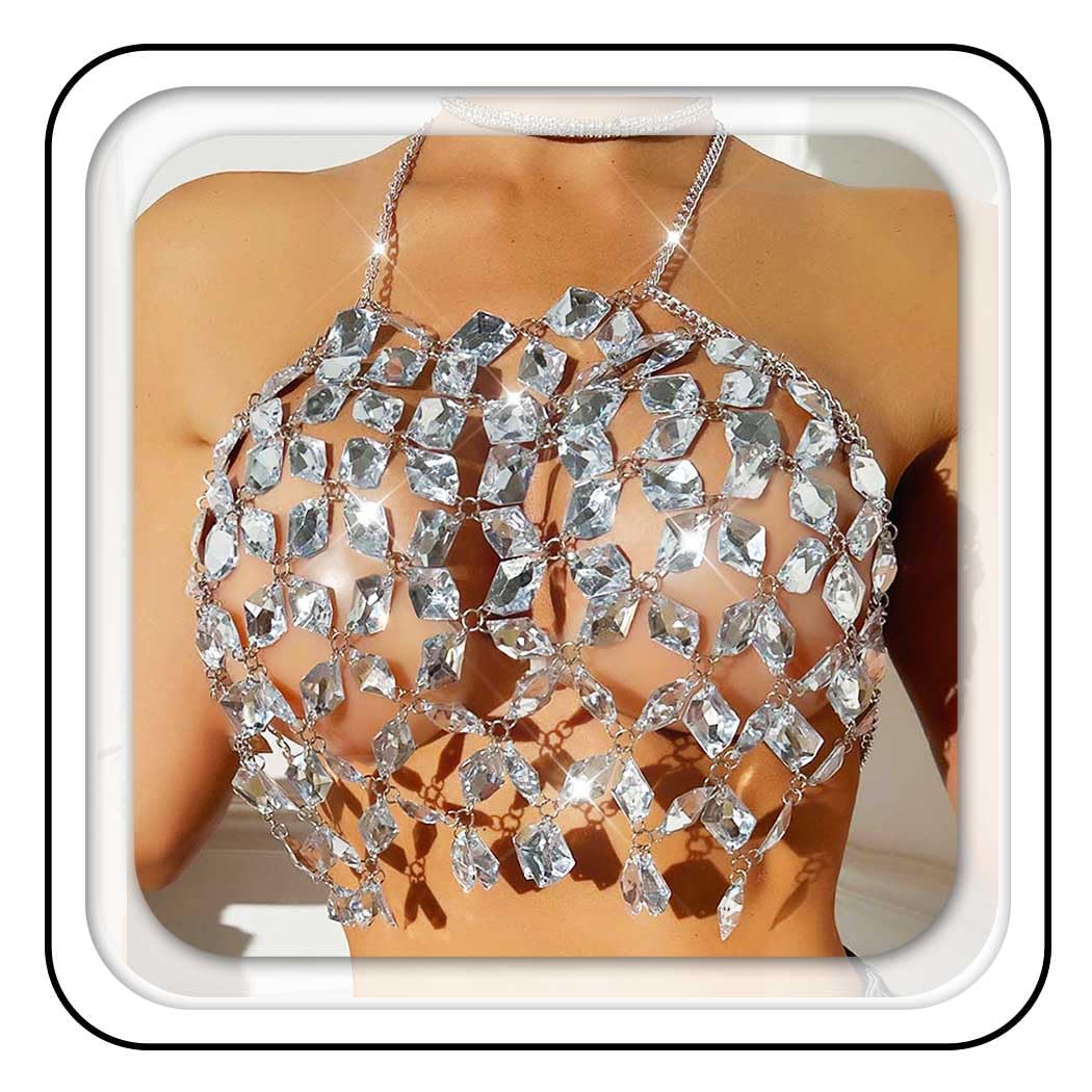 Aukmla Sparkly Crystal Bra Chain Top Halter Rhinestones Chest Body Chains Nightclub Beach Bikini Crop Tops for Women
