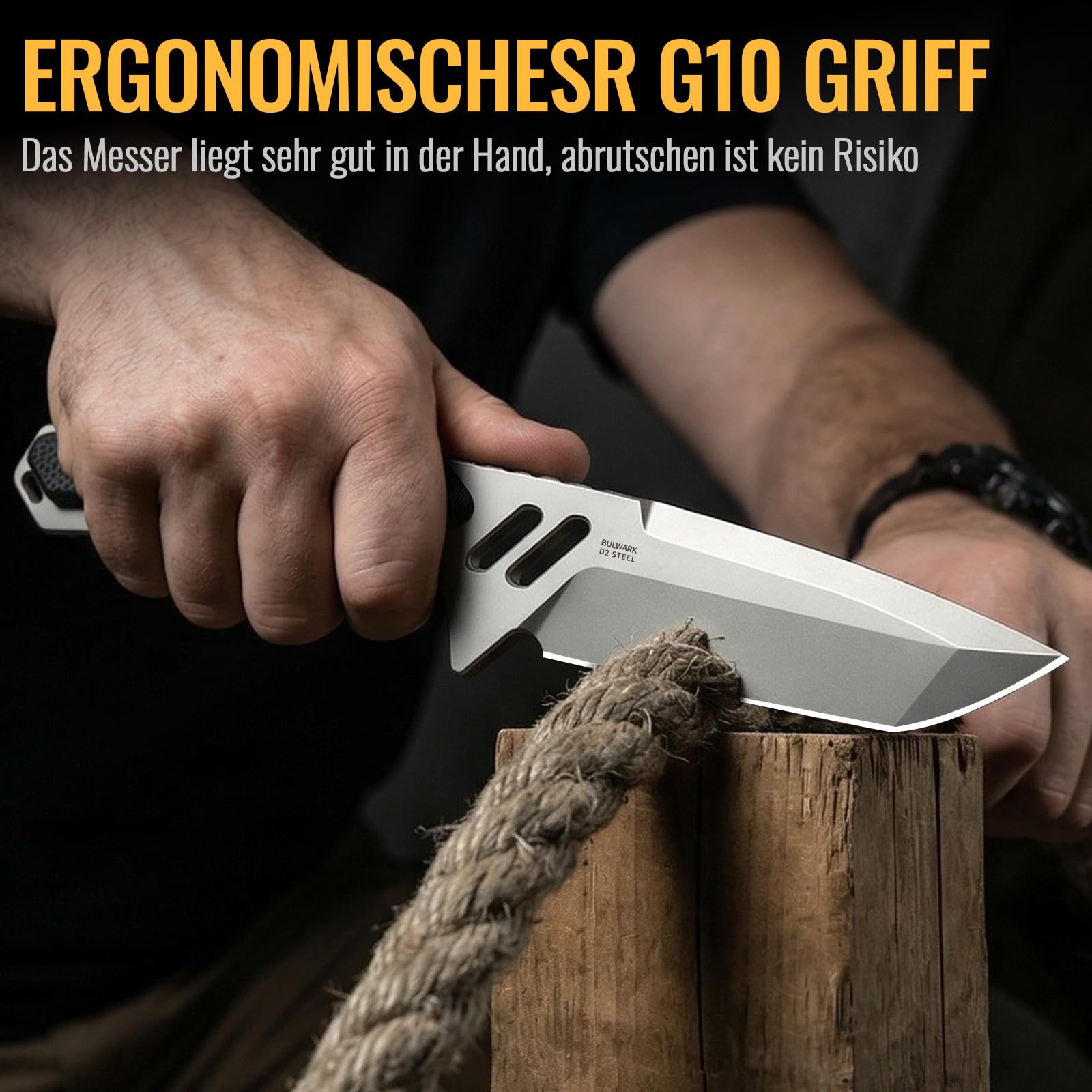 NedFoss BULWARK Jagdmesser 42a Konform, 8.5cm D2 Stahl Full Tang Survival Messer mit Verstellbarer Clip & G10 Griff, Outdoor Messer mit Kydexscheide, Legales EDC Feststehendes Messer