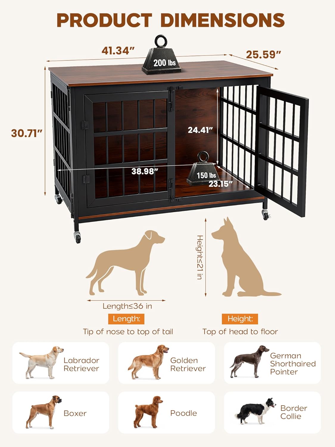 41" Dog Crate Furniture with Lockable Wheels & Adjustable Feet, Heavy Duty Anti-Escape Dog Kennel Indoor for Small Medium Dogs, Three-Door Wooden Kennel Furniture as End Side Bedside Table