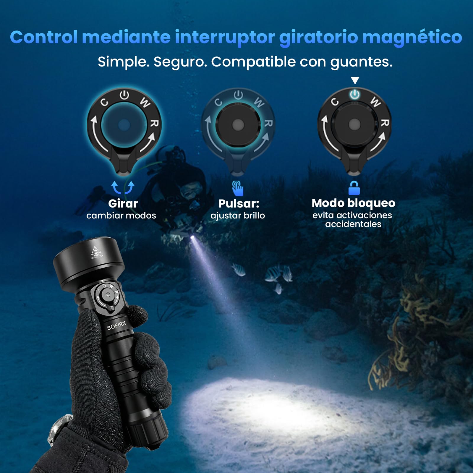 Sofirn SD11 Lámpara Subacuática, 5000LM, CRI 90, Lámpara Recargable con Luz Roja de 660NM, 3000K-6500K, USB-C, IPX8, con Rosca de 1/4" y Correa de Seguridad, para Fotografía Submarina, Pesca