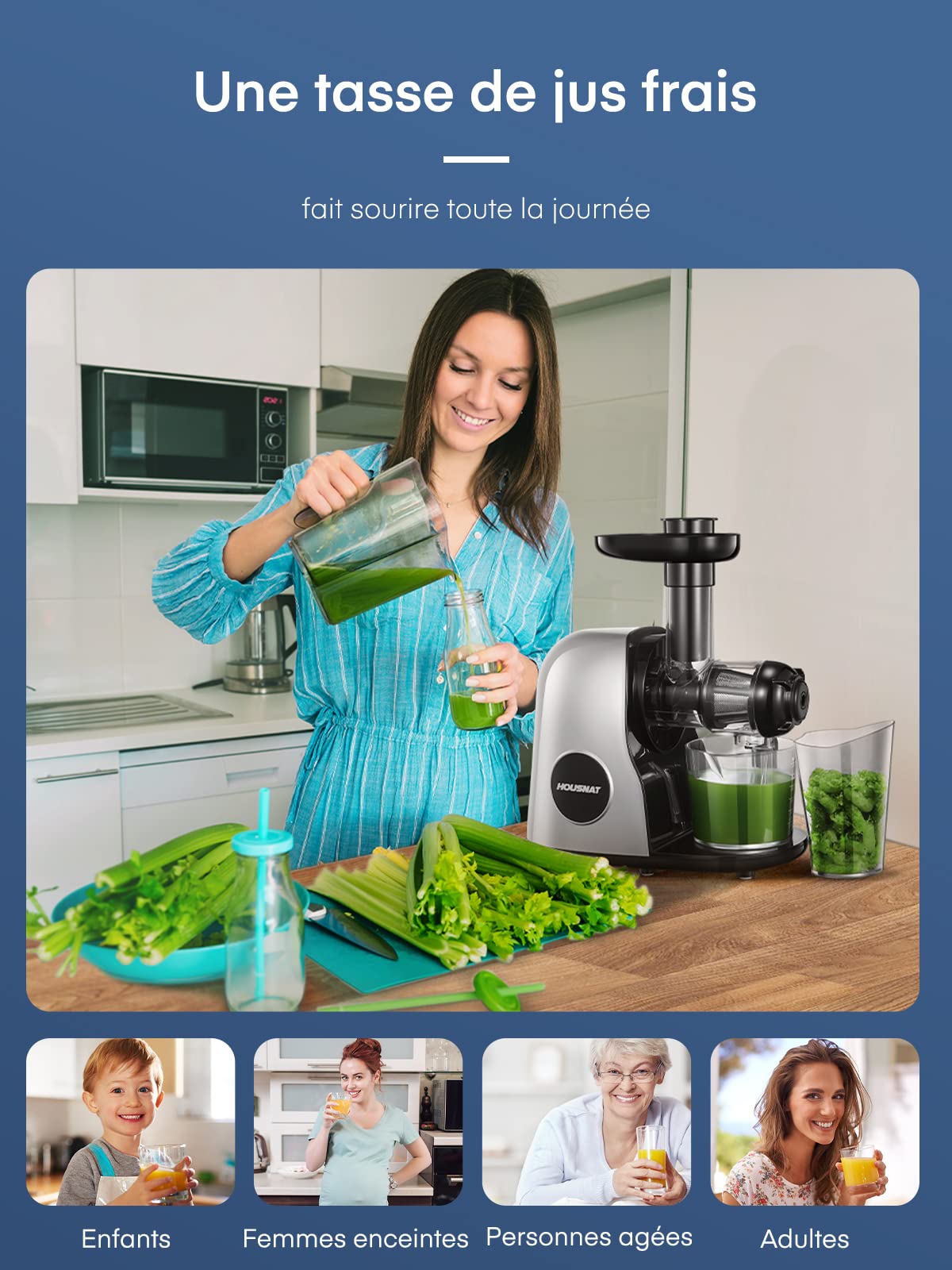 Housnat Extracteur de Jus de Fruits et Légumes, Extracteur Jus avec moteur silencieux, Slow Juicer Nutriments Maximaux - 90% Jus Pureté, Extracteur jus de Fruits et Légumes, Fonction Inverse