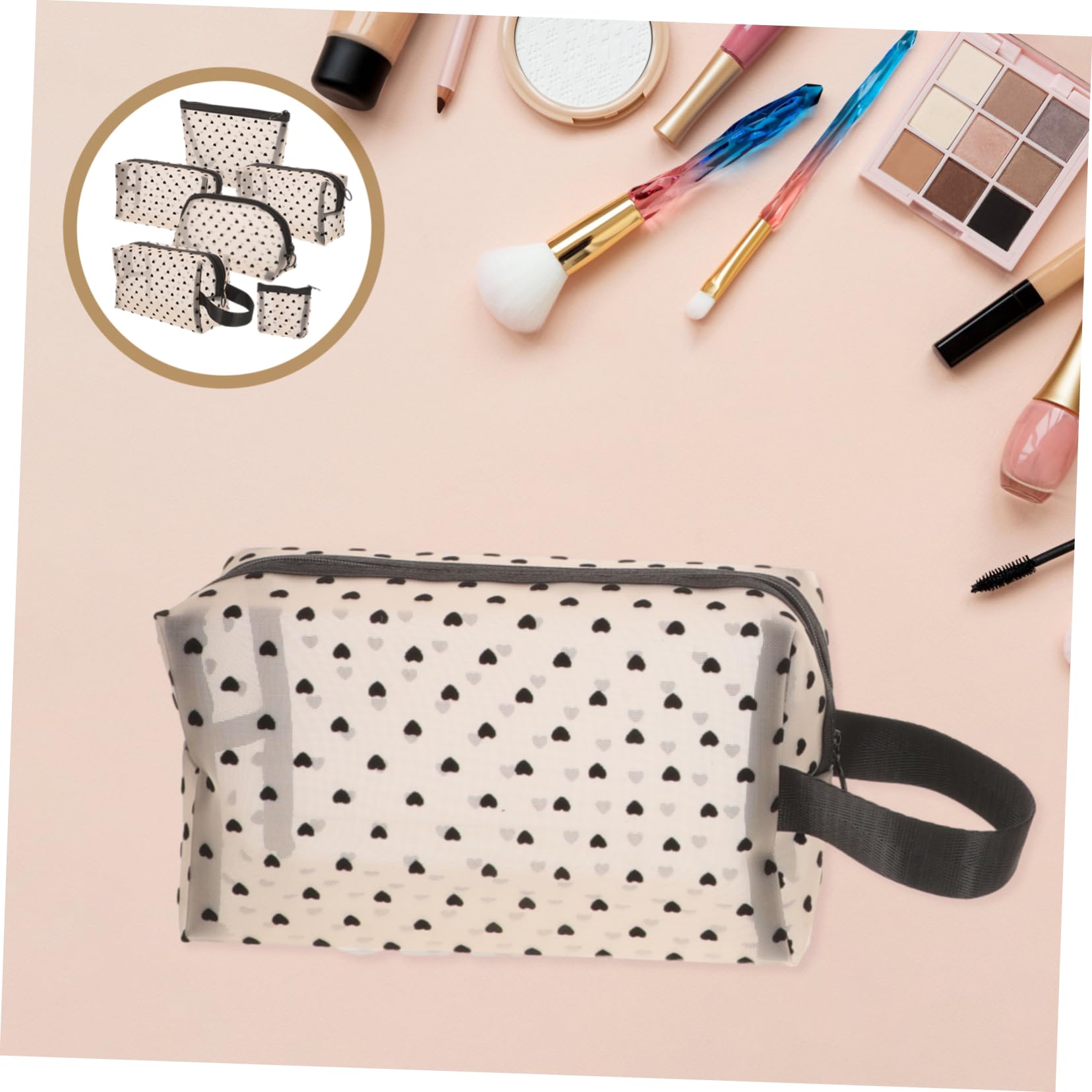 6 Pezzi Pochette Trucchi da Viaggio Cuore in Rete, Nylon e Garza, Portatile, Facile da Pulire, per Donne e Ragazze
