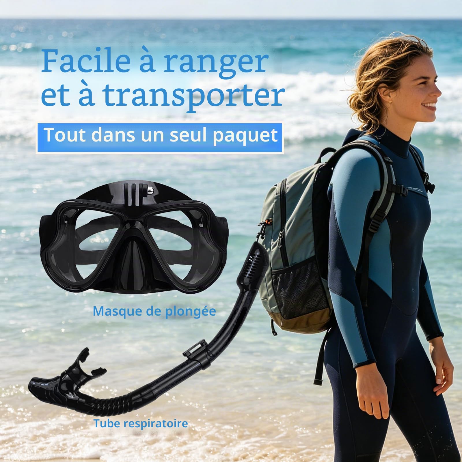 Masque Plongée Adulte, Masque Tuba Snorkeling avec Support de Caméra, Lunettes de Plongée Panoramiques Anti-Buée Étanche en Verre Trempé et Tuba Respiration Sèche